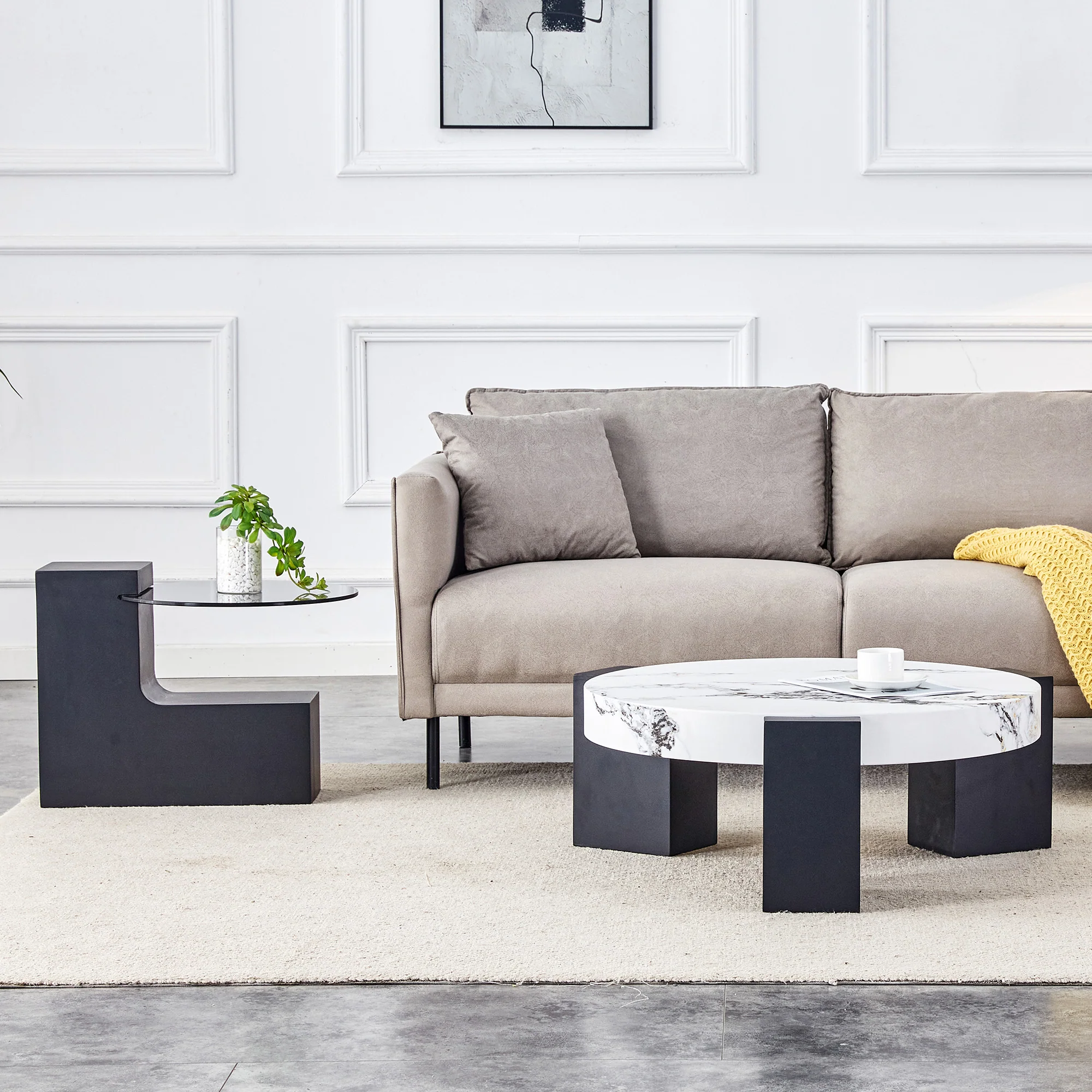 Round Side Table Two Levels Grey Glass Marble Effect Top - Black MDF