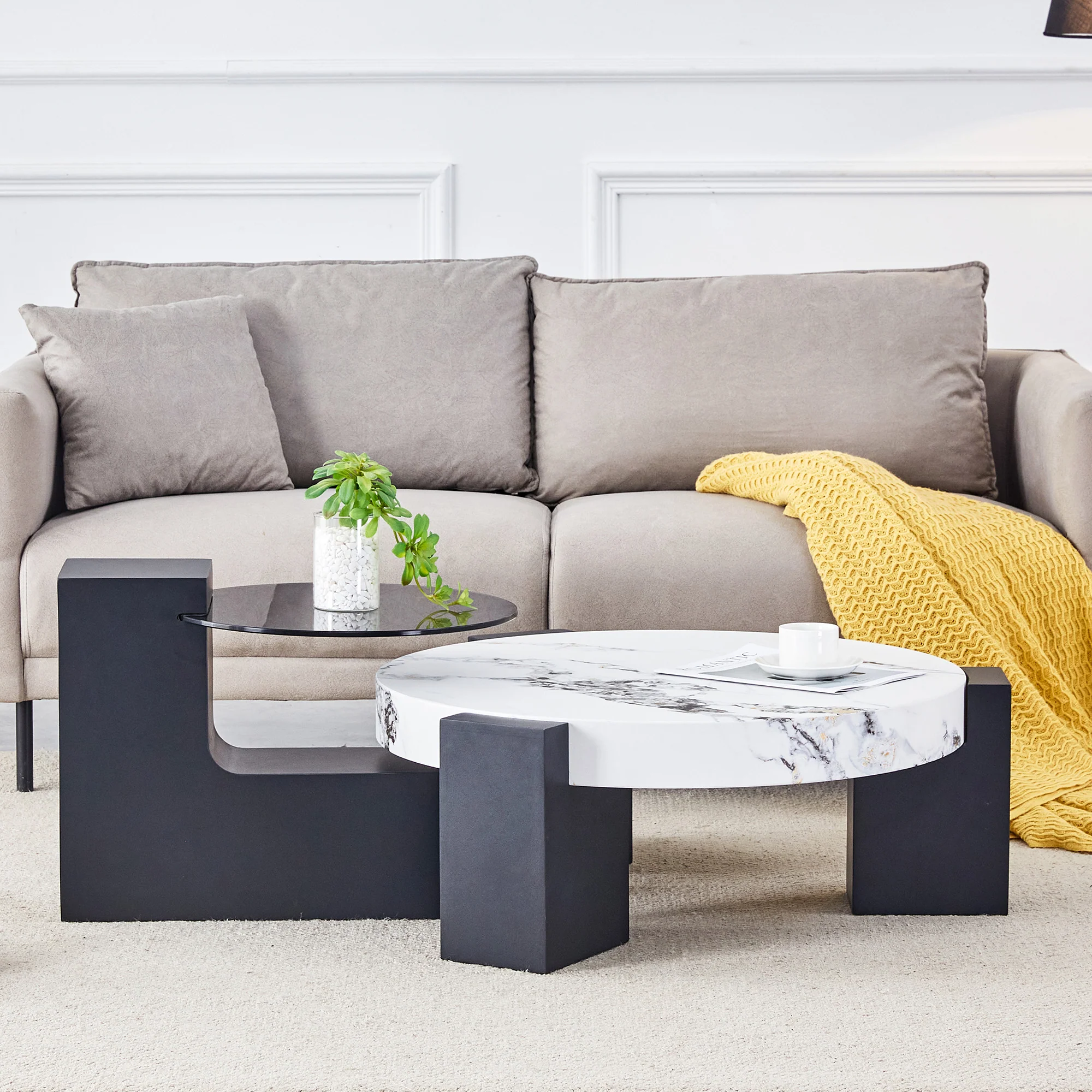Round Side Table Two Levels Grey Glass Marble Effect Top - Black MDF - Image 2