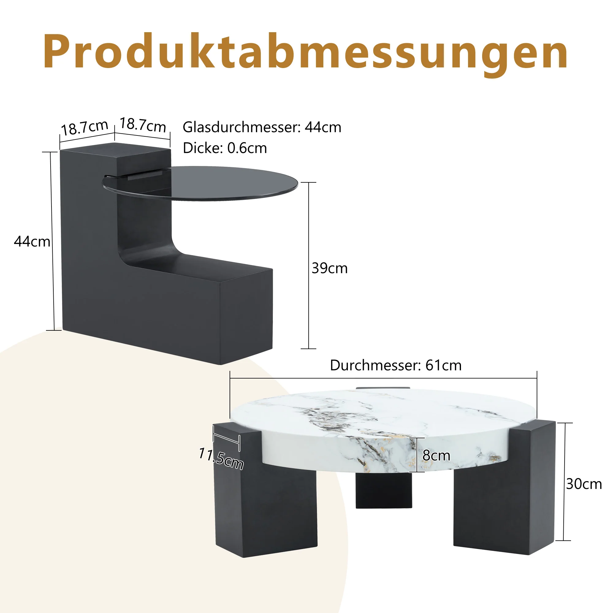 Round Side Table Two Levels Grey Glass Marble Effect Top - Black MDF - Image 3