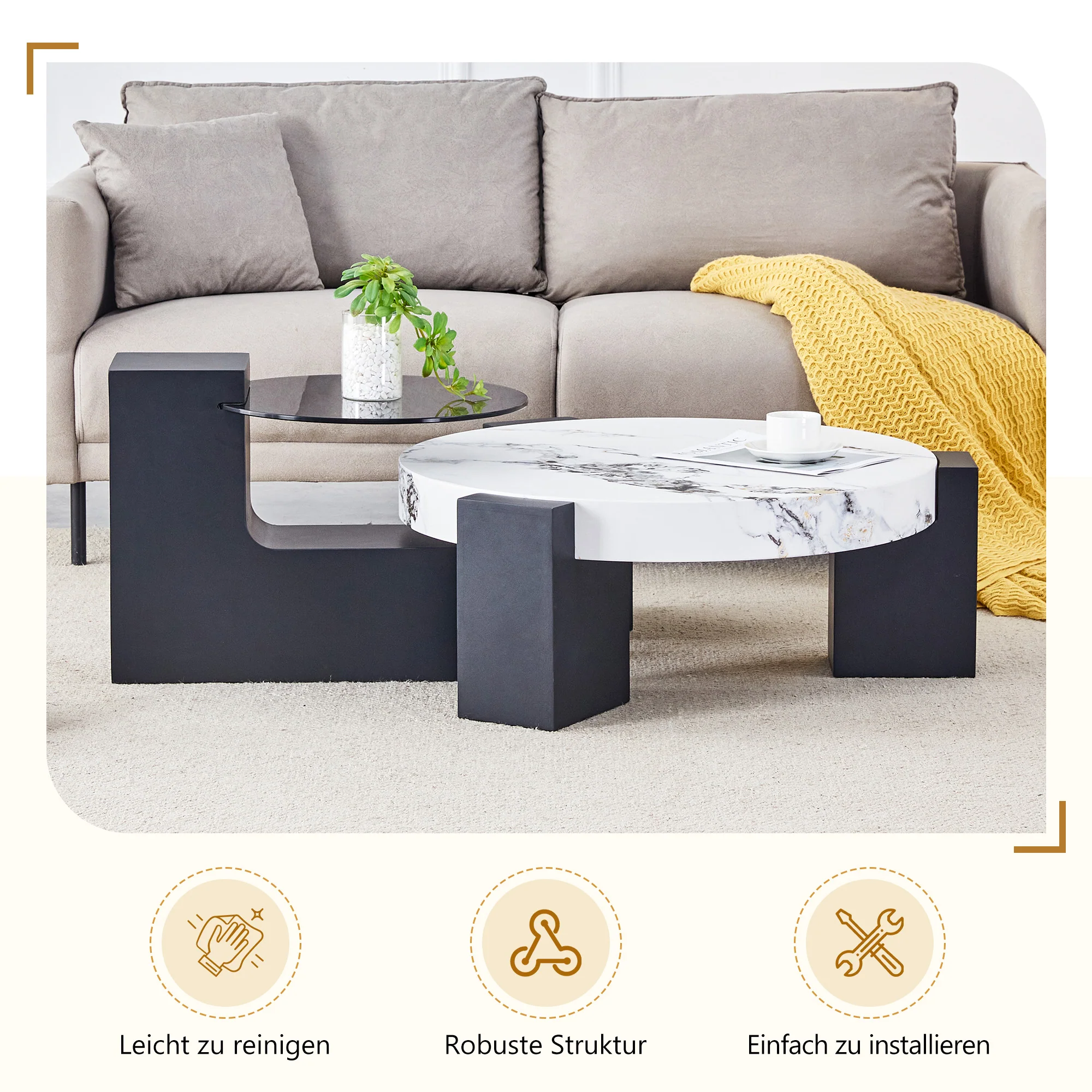 Round Side Table Two Levels Grey Glass Marble Effect Top - Black MDF - Image 4