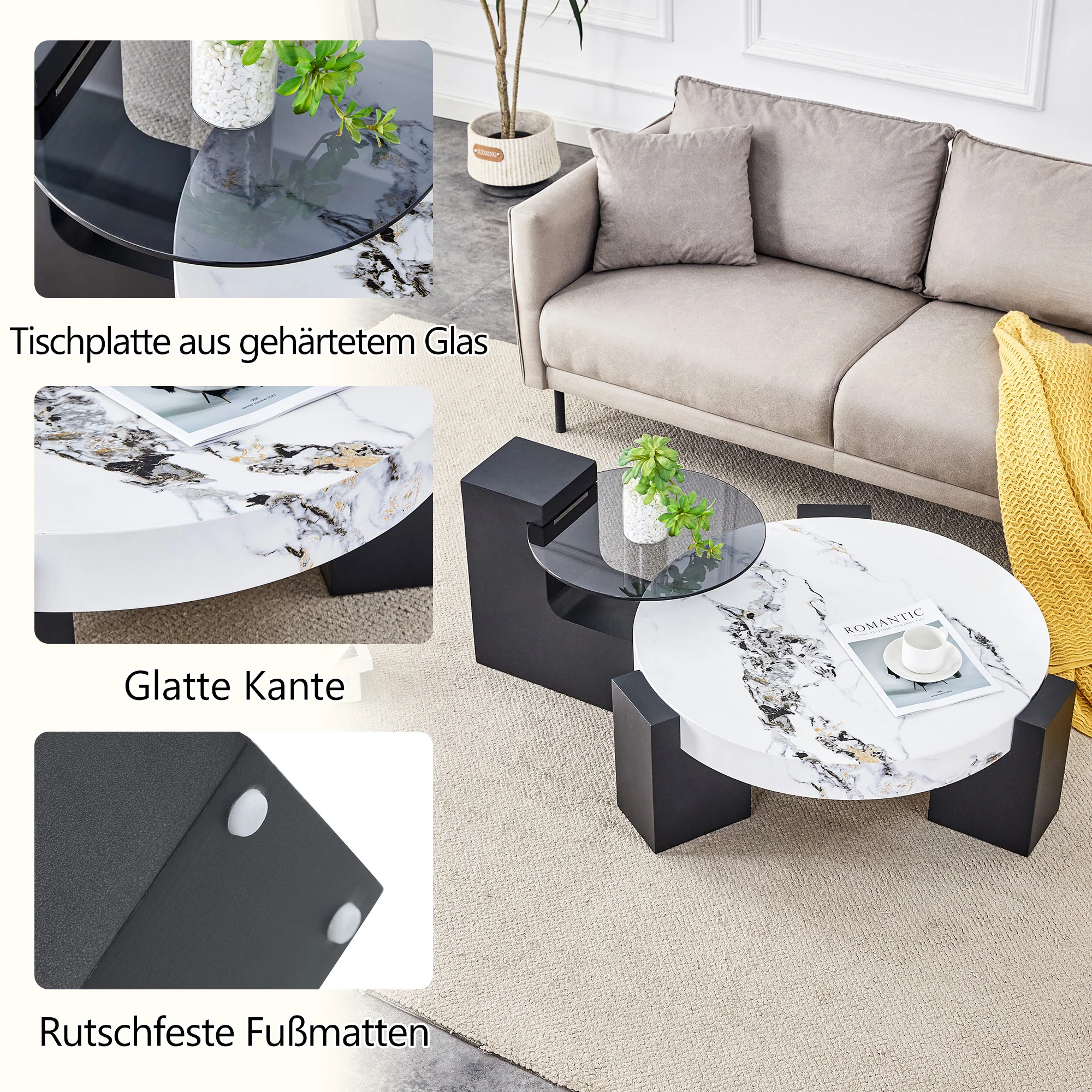 Round Side Table Two Levels Grey Glass Marble Effect Top - Black MDF - Image 5