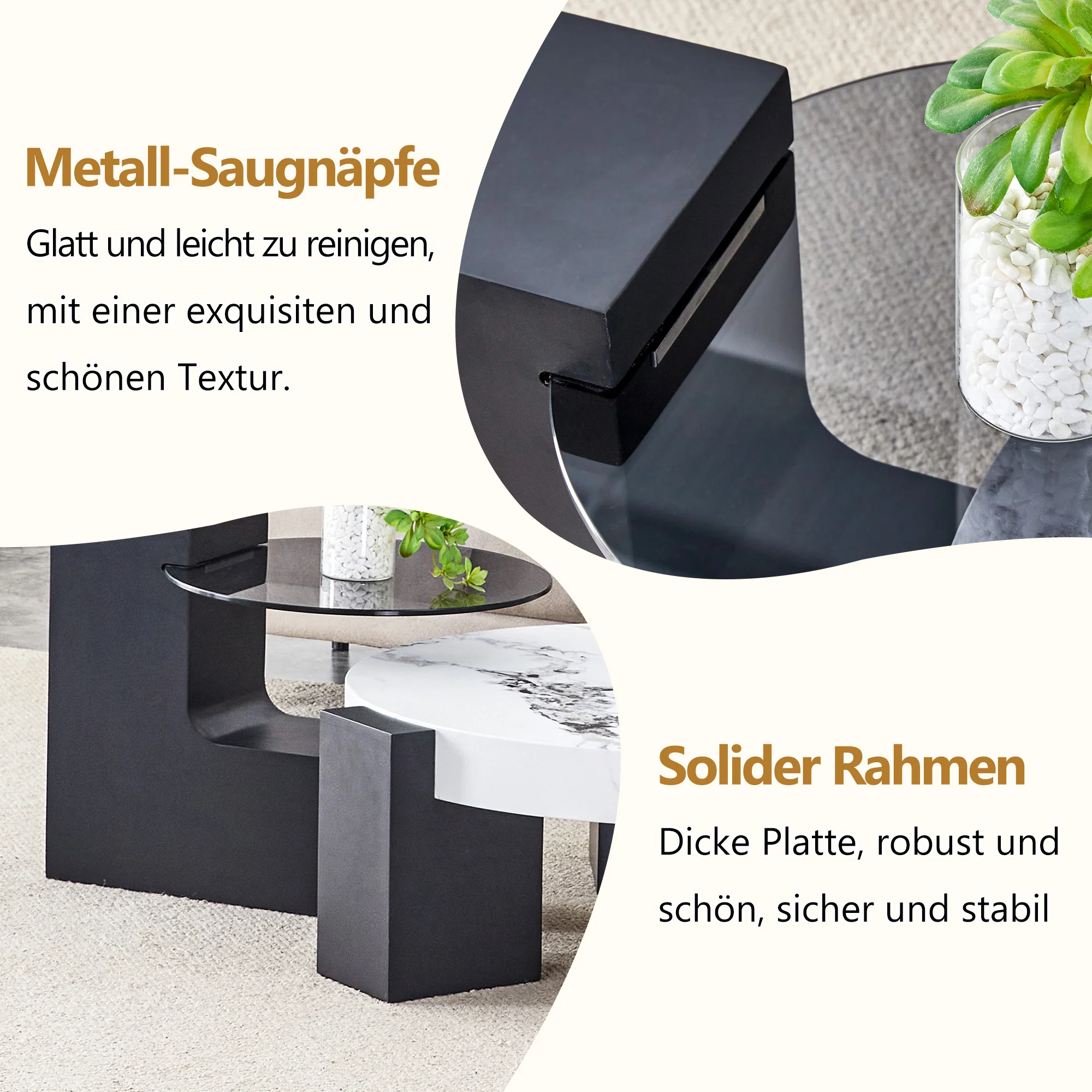 Round Side Table Two Levels Grey Glass Marble Effect Top - Black MDF - Image 6