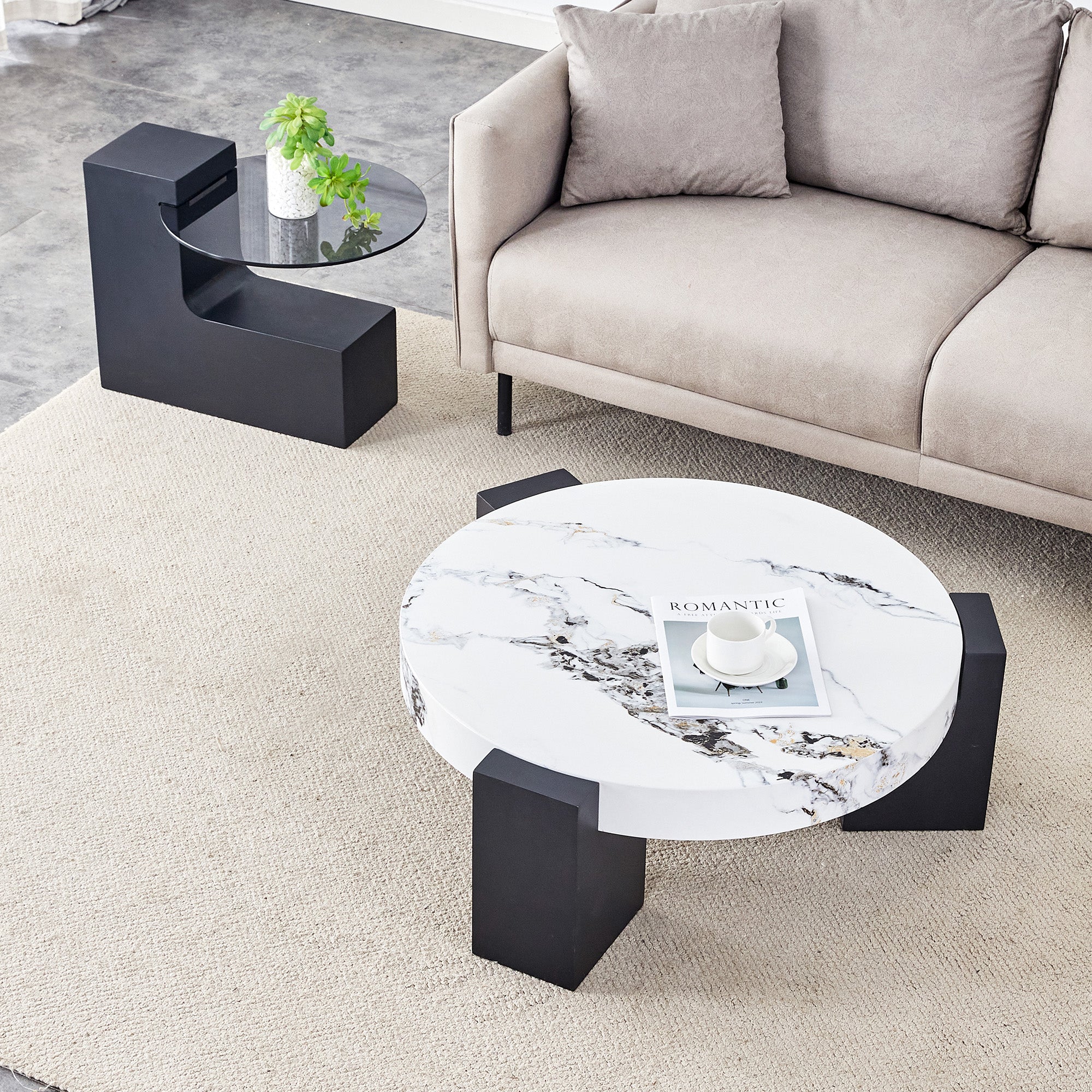 Round Side Table Two Levels Grey Glass Marble Effect Top - Black MDF - Image 8