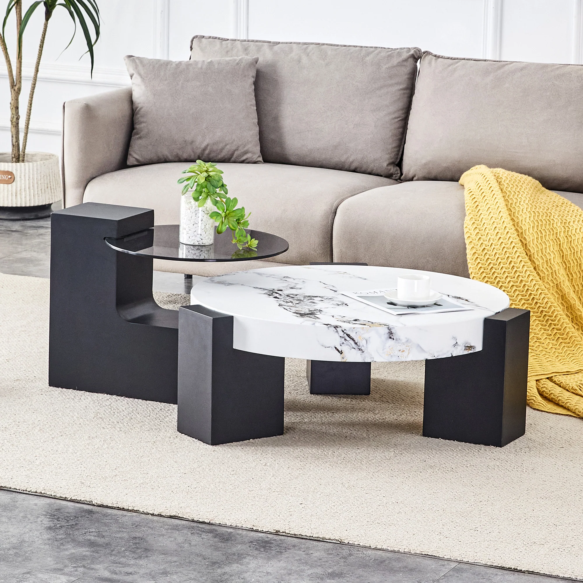 Round Side Table Two Levels Grey Glass Marble Effect Top - Black MDF - Image 9