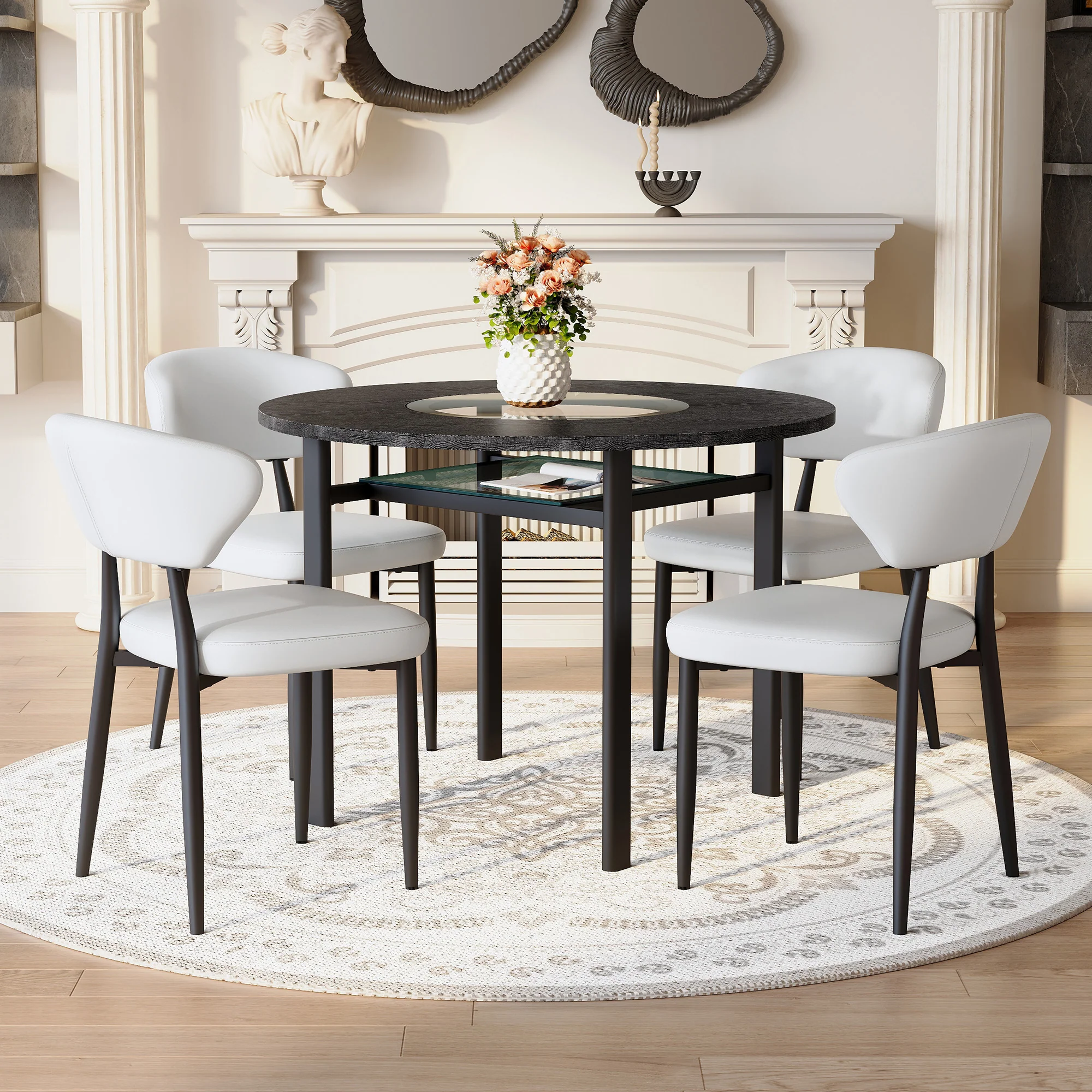 Round Table Set 100cm 4 Chairs Modern Minimalist - Black Wood/White PU - Image 2