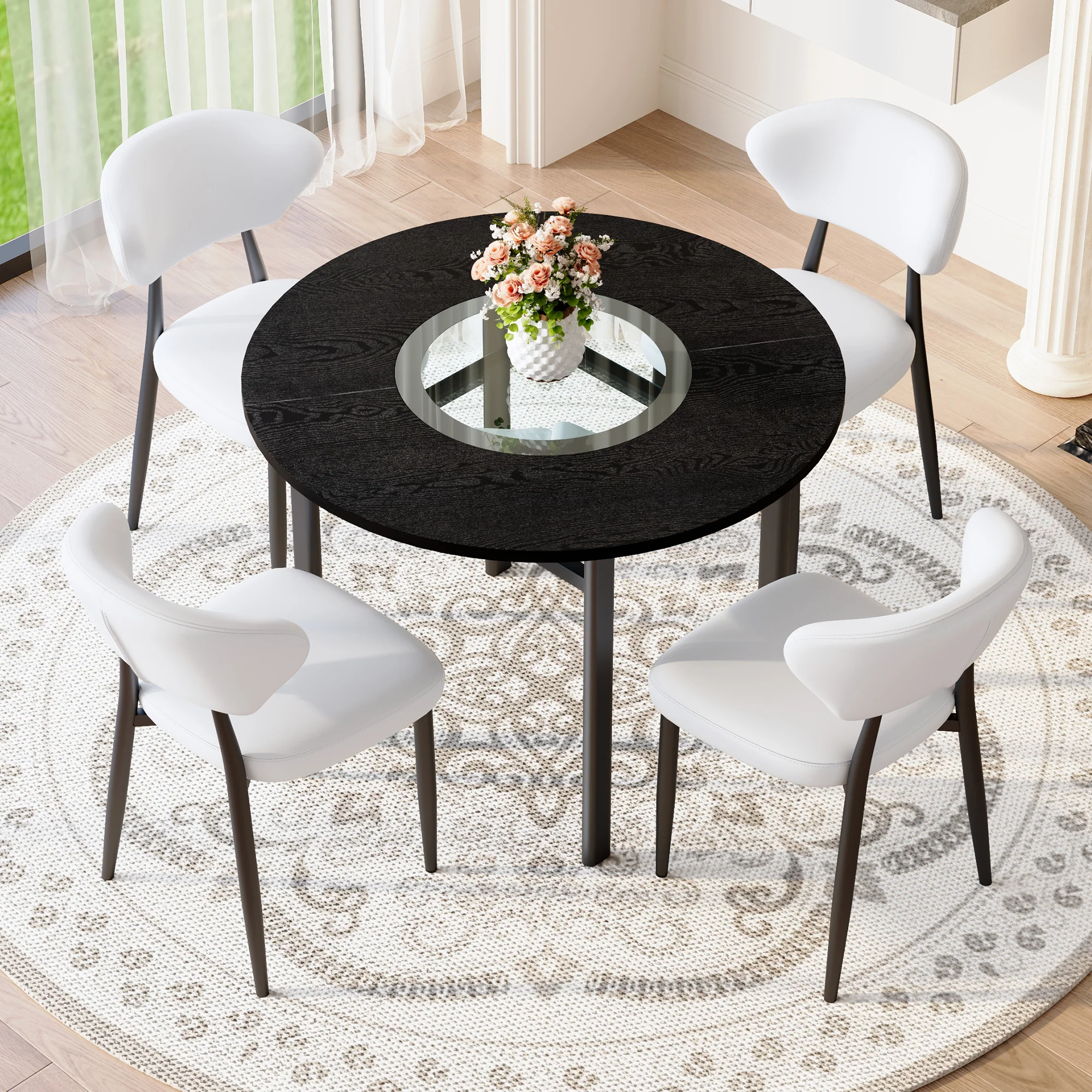 Round Table Set 100cm 4 Chairs Modern Minimalist - Black Wood/White PU - Image 3