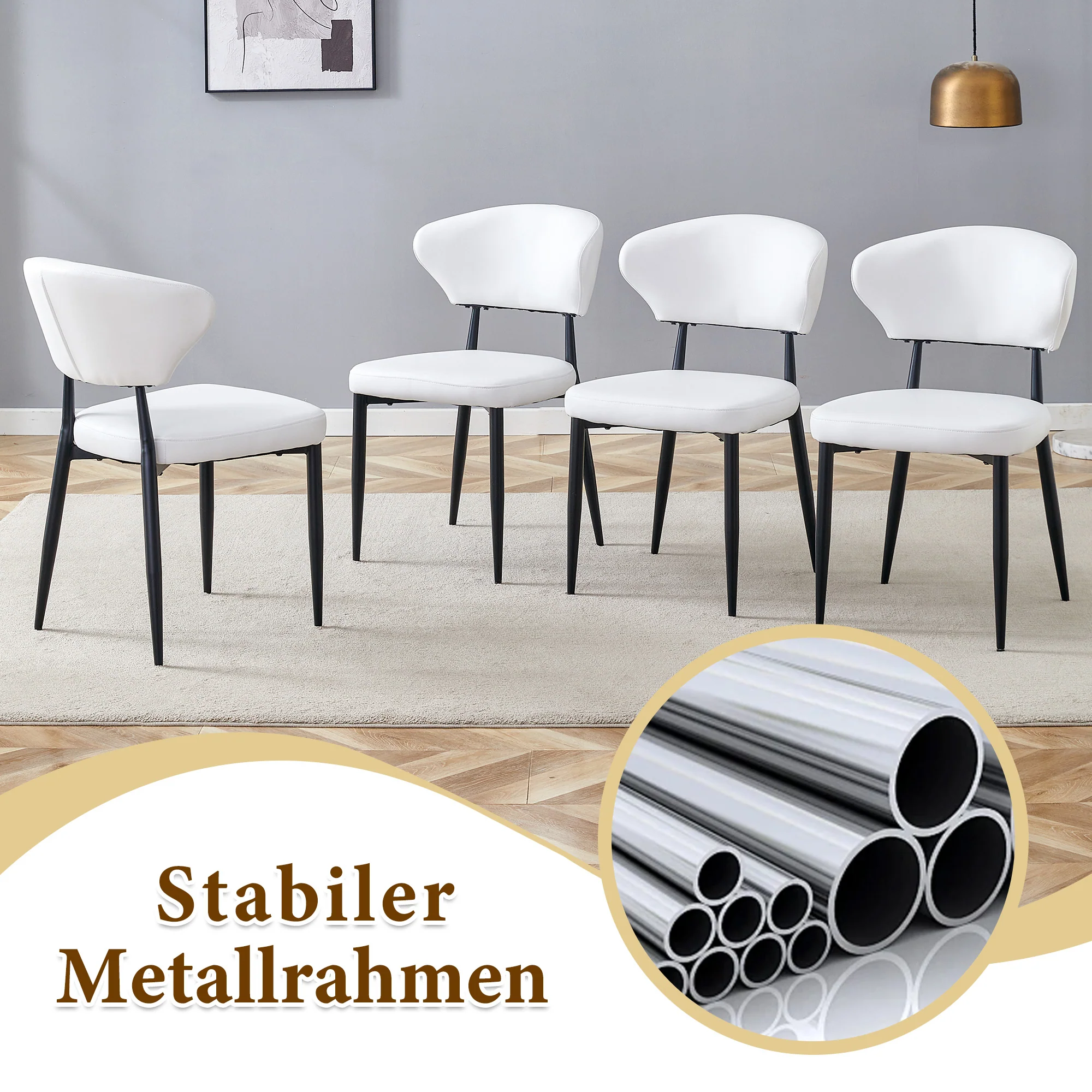 Round Table Set 100cm 4 Chairs Modern Minimalist - Black Wood/White PU - Image 9
