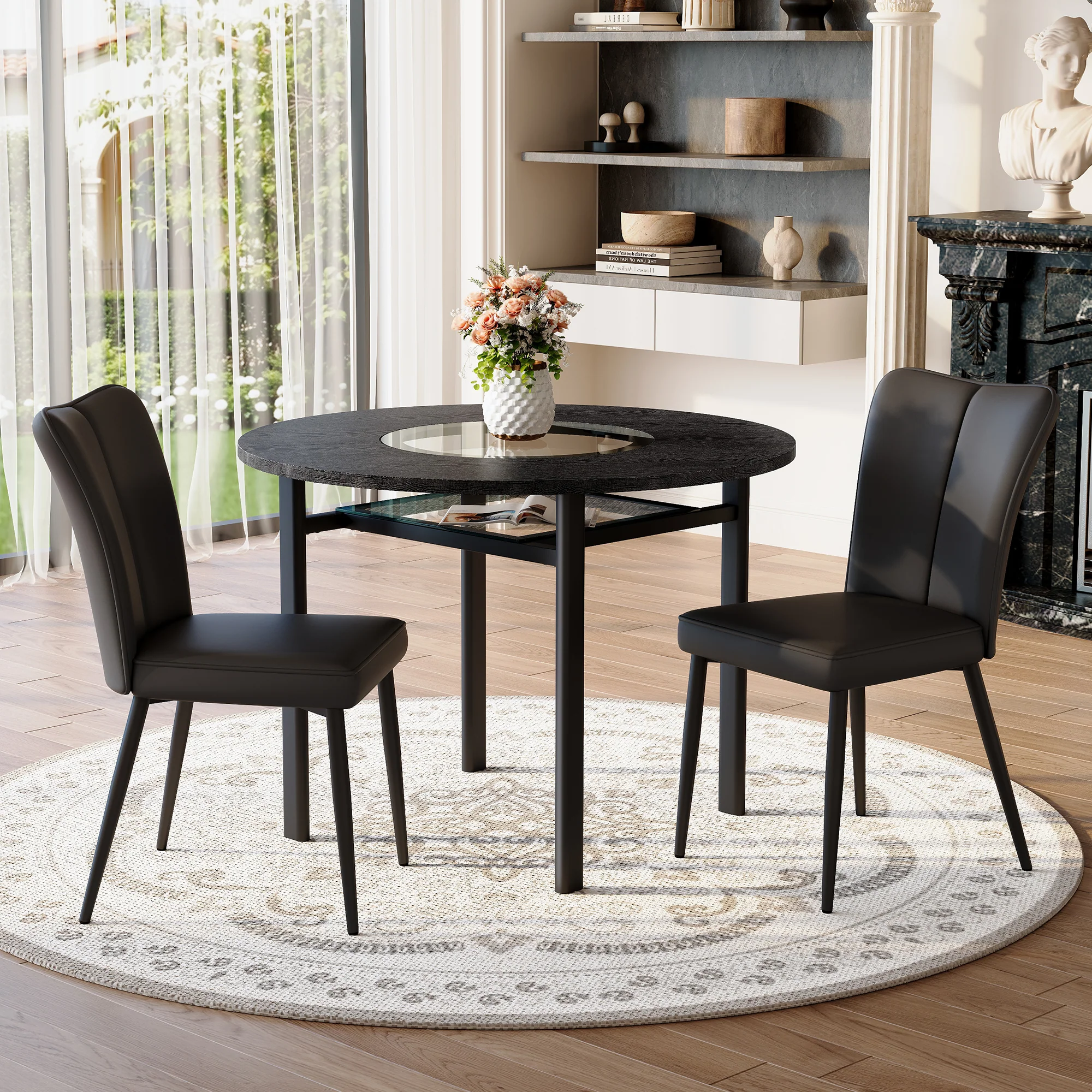 Round Table Set 100cm Diameter Modern Minimalist with 2 Armchairs Black Wood Look - Image 3