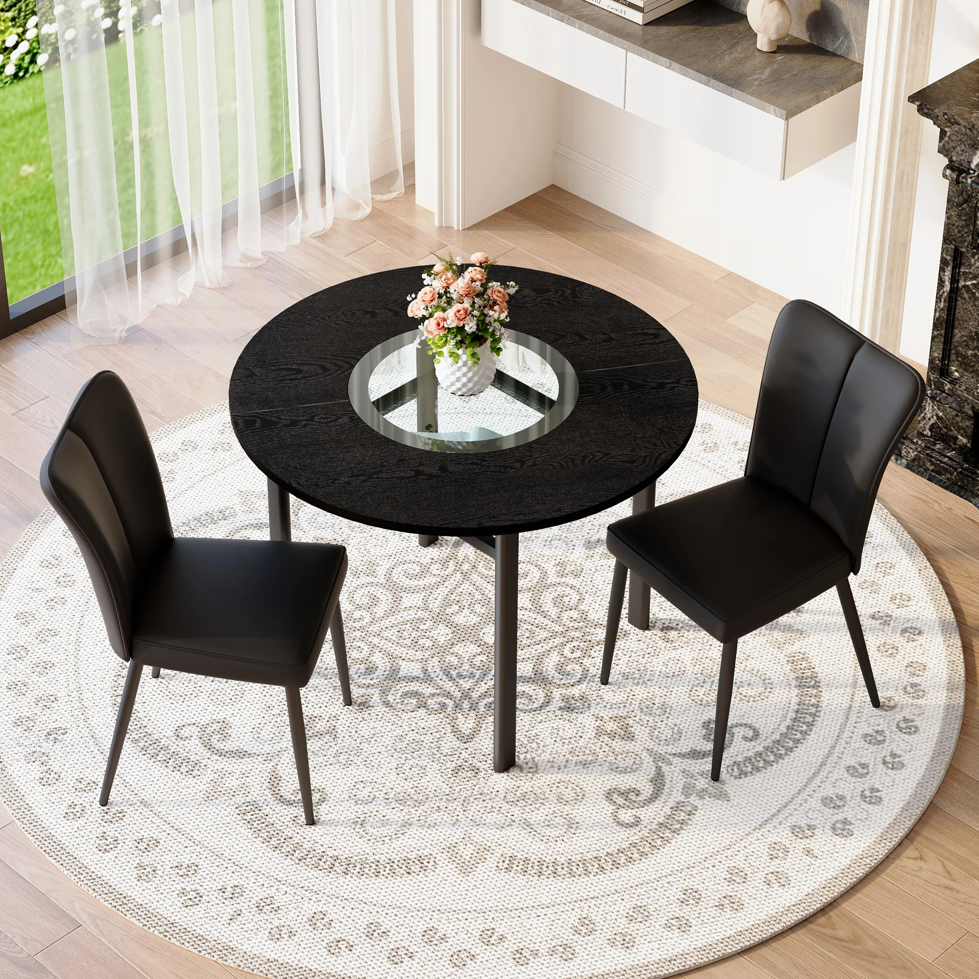 Round Table Set 100cm Diameter Modern Minimalist with 2 Armchairs Black Wood Look - Image 4