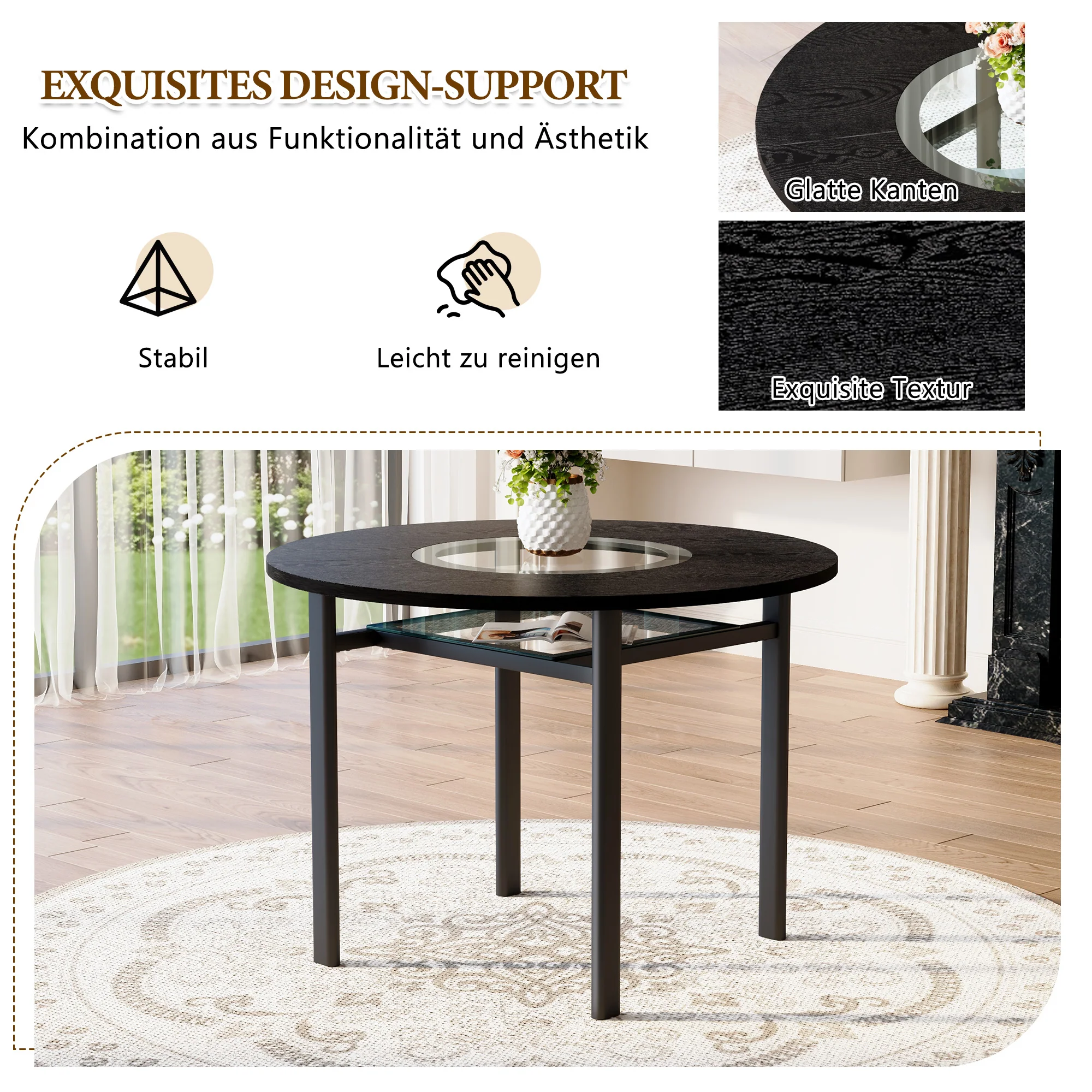 Round Table Set 100cm Diameter Modern Minimalist with 2 Armchairs Black Wood Look - Image 6