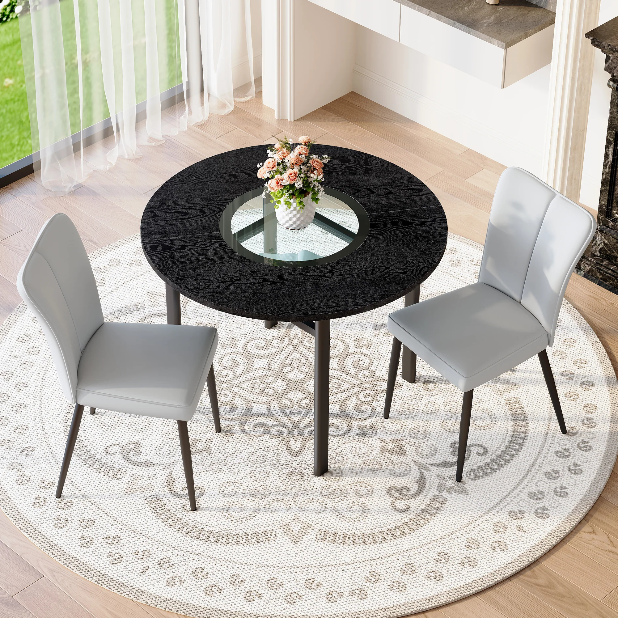 Round Table Set 100cm Modern Minimalist 2 PU Armchairs - Black/Light Grey - Image 2