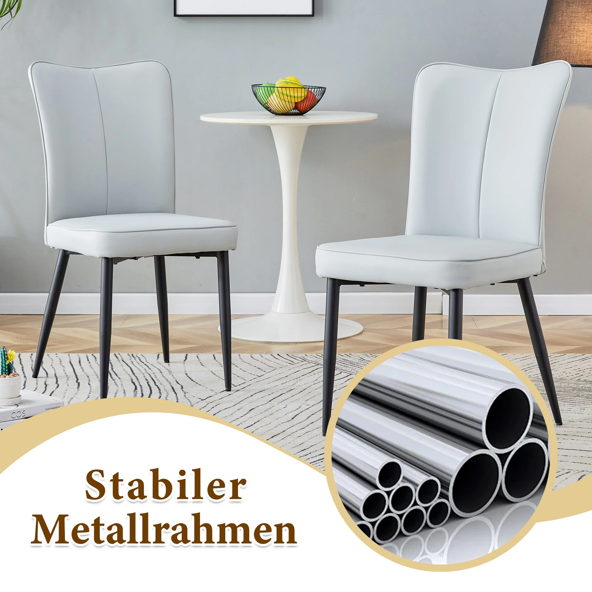 Round Table Set Modern Minimalist 100cm 4 Armchairs - Black/Light Grey PU - Image 10