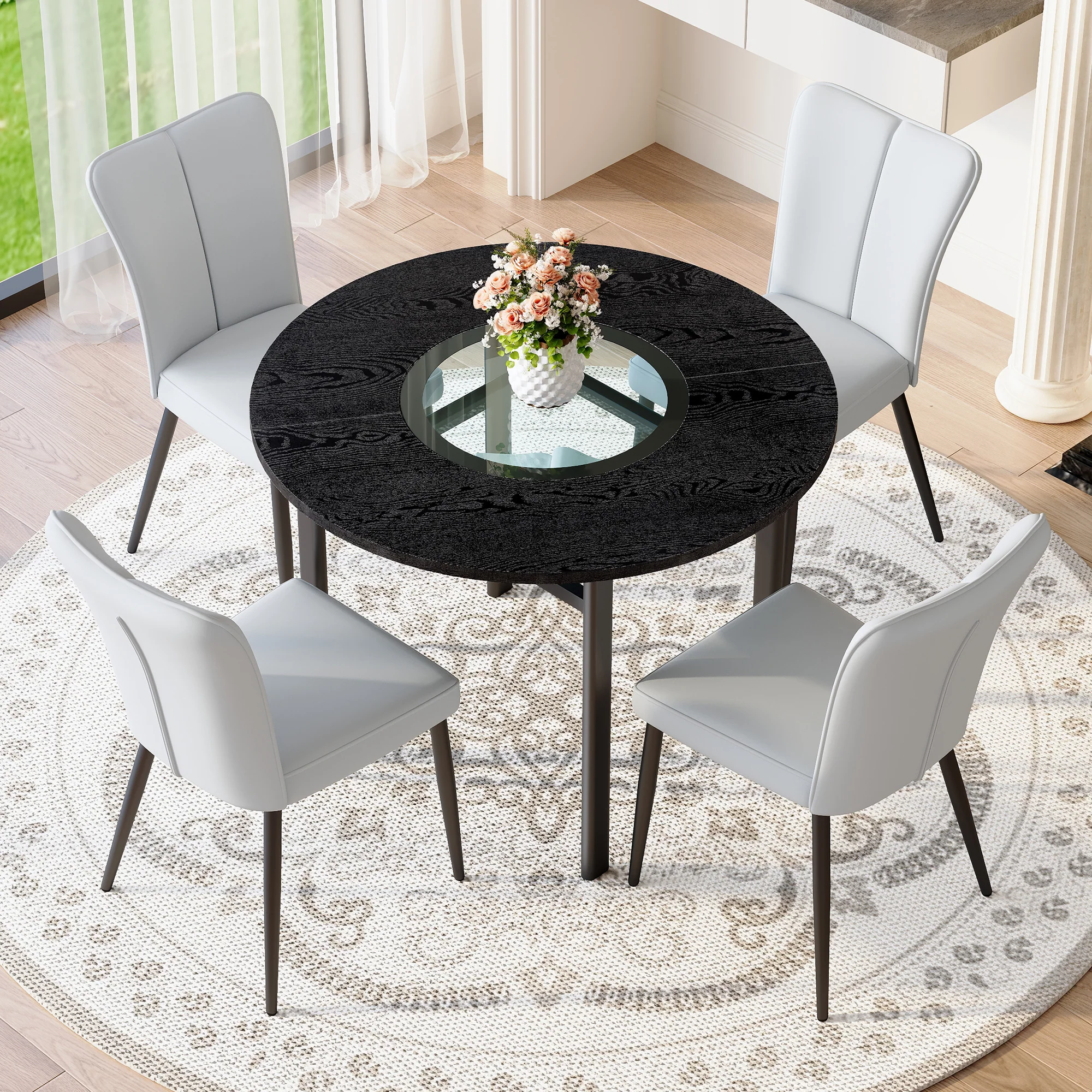 Round Table Set Modern Minimalist 100cm 4 Armchairs - Black/Light Grey PU - Image 2