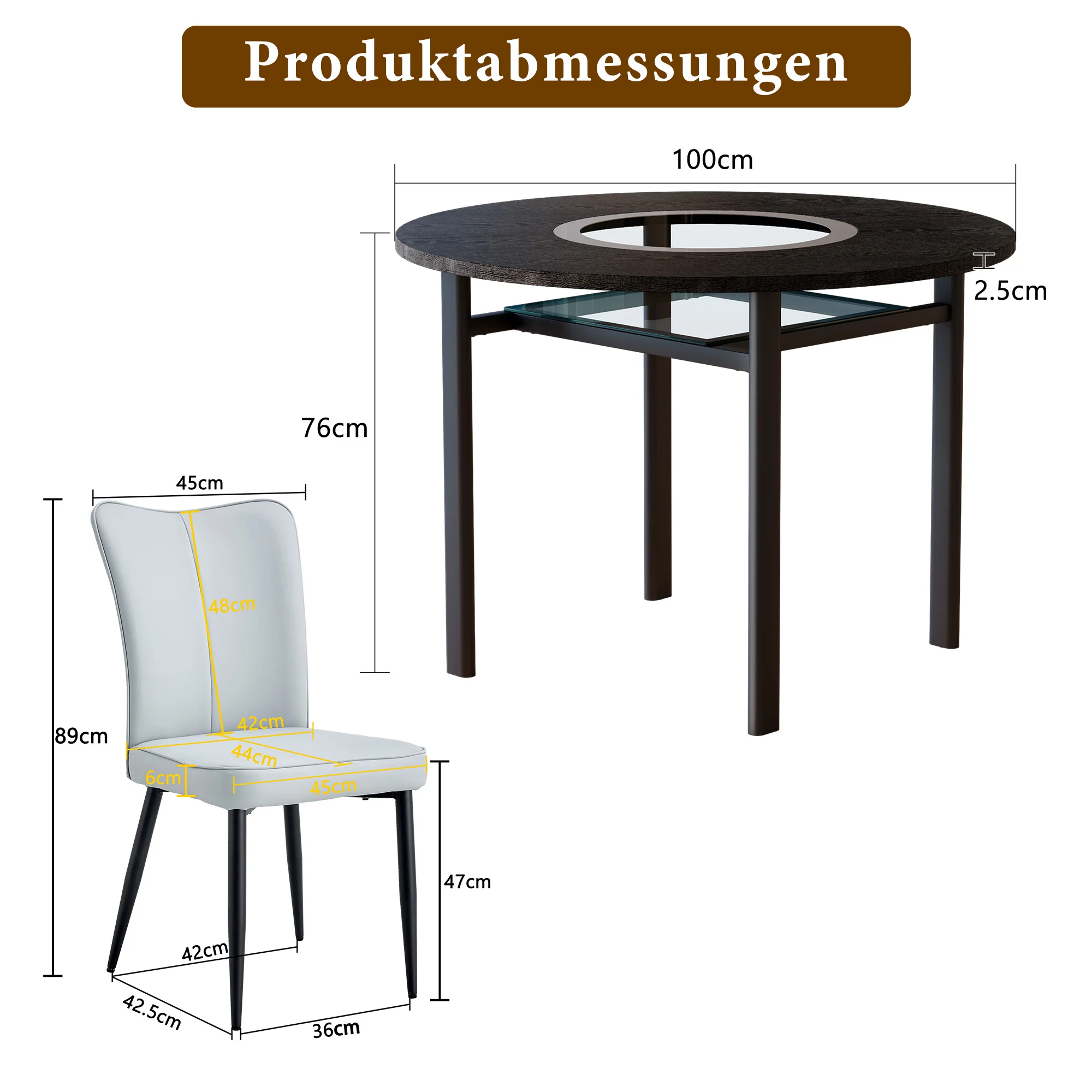 Round Table Set Modern Minimalist 100cm 4 Armchairs - Black/Light Grey PU - Image 3