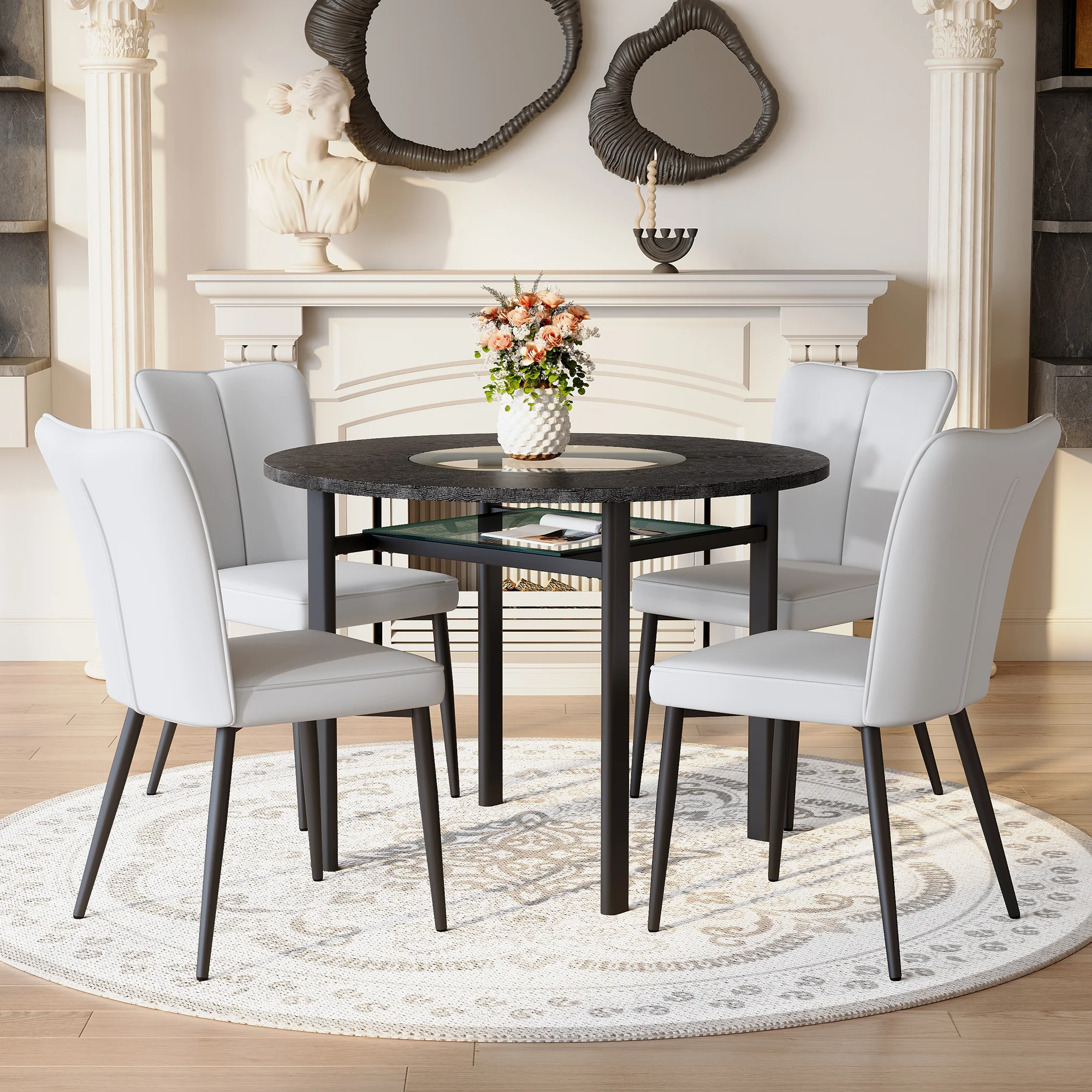 Round Table Set Modern Minimalist 100cm 4 Armchairs - Black/Light Grey PU - Image 4