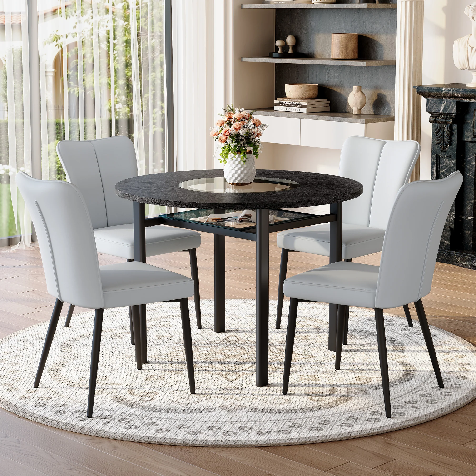 Round Table Set Modern Minimalist 100cm 4 Armchairs - Black/Light Grey PU - Image 5