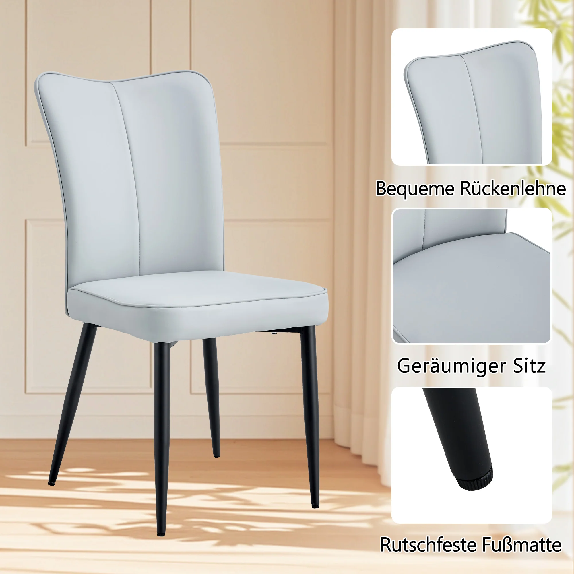 Round Table Set Modern Minimalist 100cm 4 Armchairs - Black/Light Grey PU - Image 9