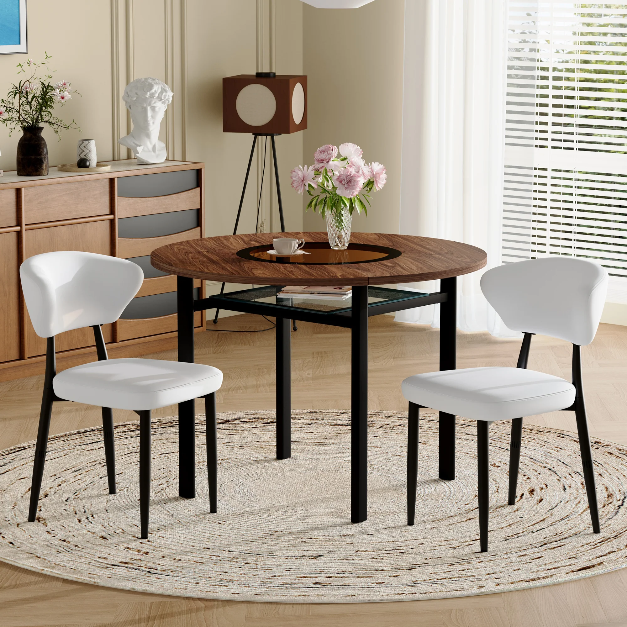 Round Table Set Modern Minimalist 100cm with 2 Armchairs - White PU/Wood Look