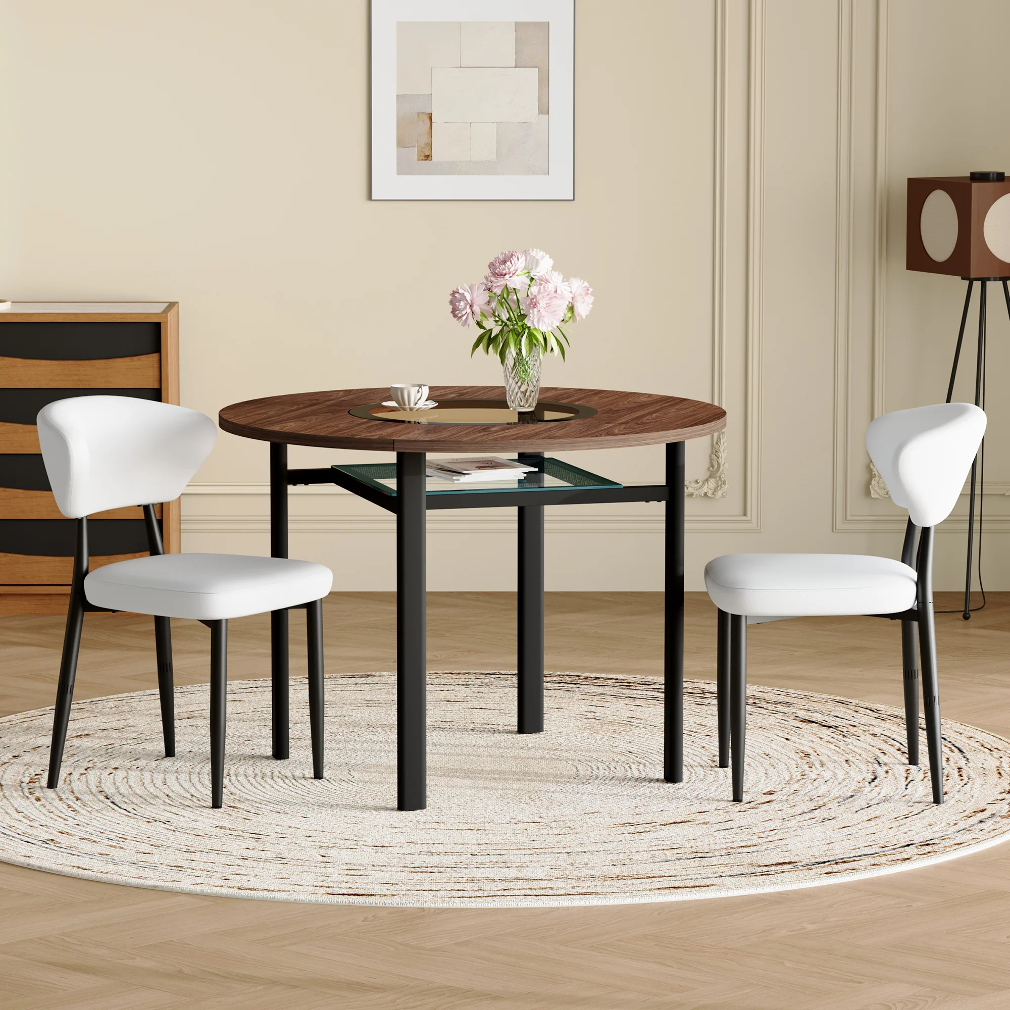 Round Table Set Modern Minimalist 100cm with 2 Armchairs - White PU/Wood Look - Image 2