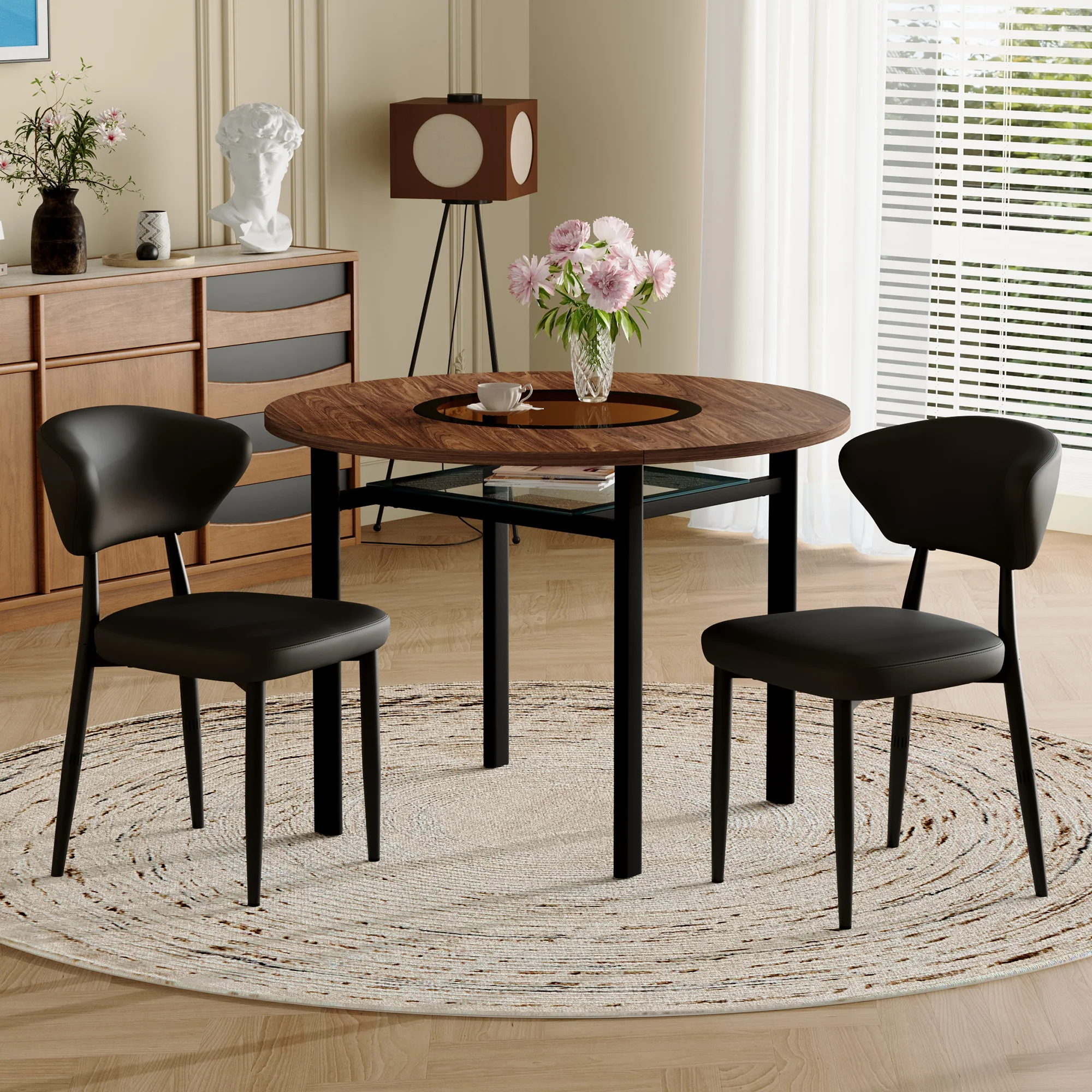 Round Table Set Modern Minimalist 100cm with 2 PU Armchairs - Wood Look/Black - Image 3