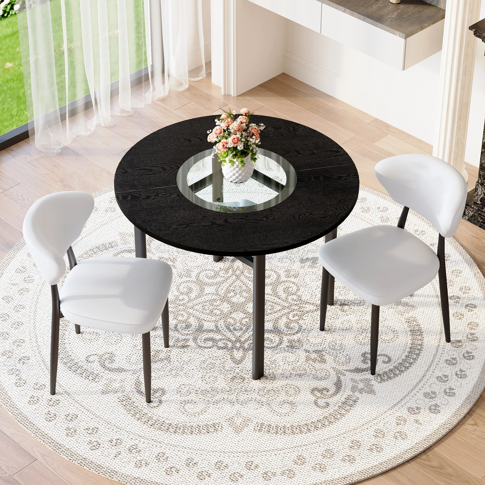Round Table Set Modern Minimalist 100cm with 2 White PU Armchairs - Black Wood Look - Image 2