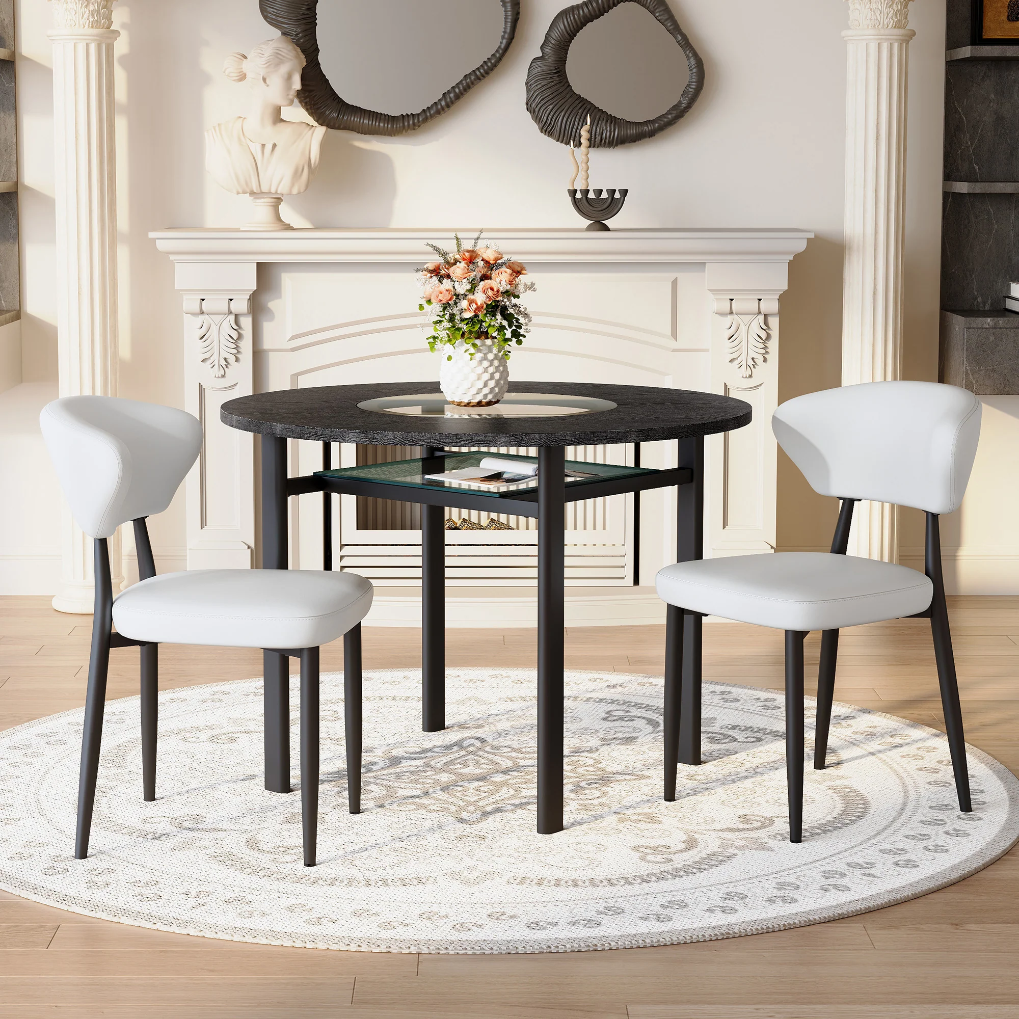 Round Table Set Modern Minimalist 100cm with 2 White PU Armchairs - Black Wood Look - Image 3
