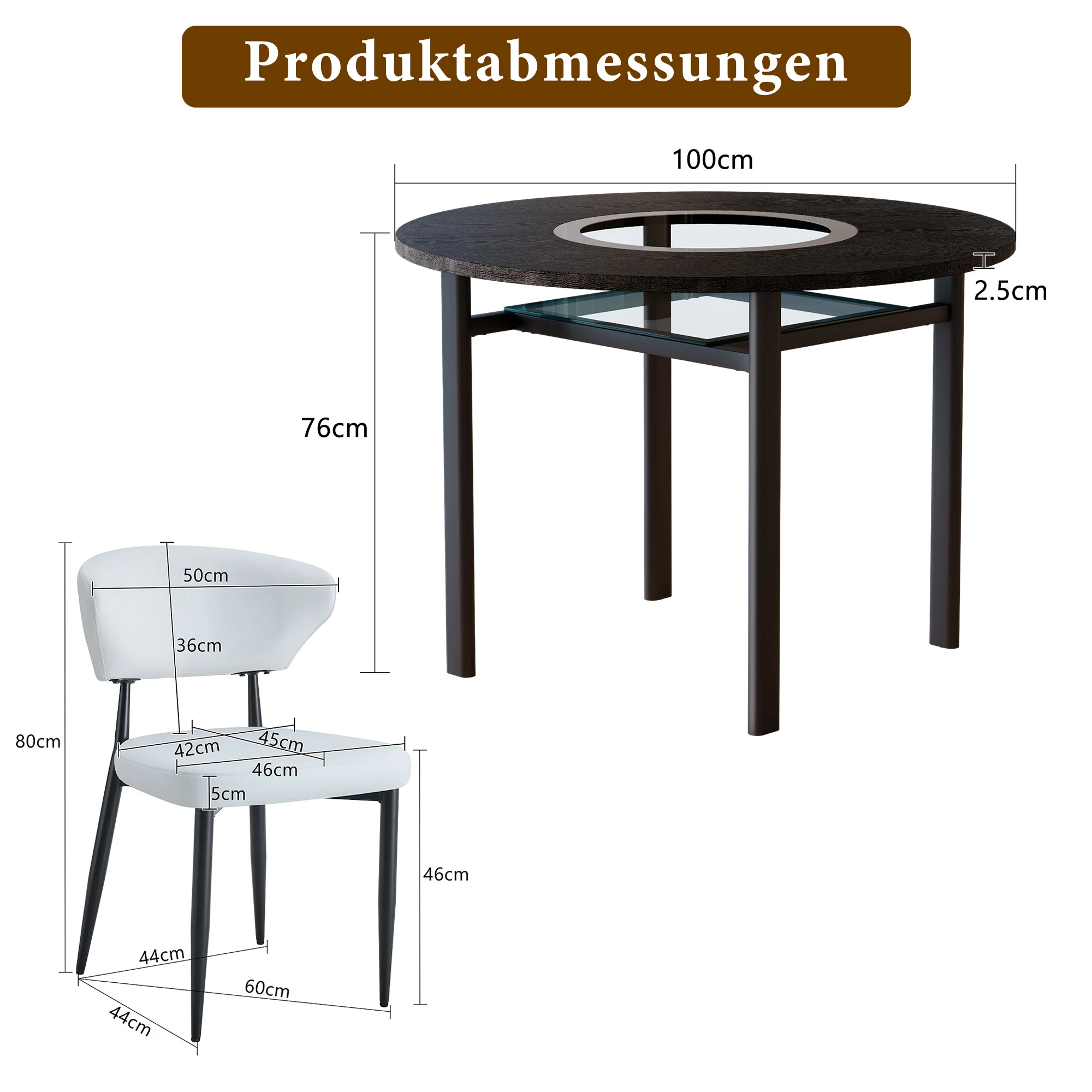 Round Table Set Modern Minimalist 100cm with 2 White PU Armchairs - Black Wood Look - Image 4