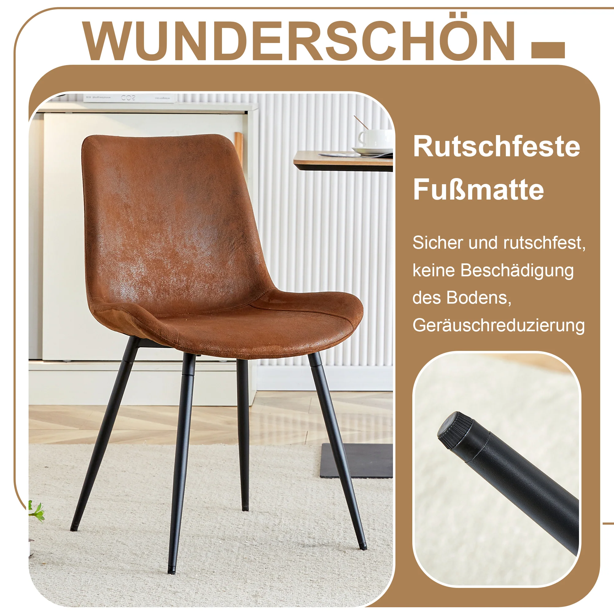 Round Table Set, Modern Minimalist 100cm with Storage, 4 Armchairs, Brown Wood Look/Brown Fabric - Image 10