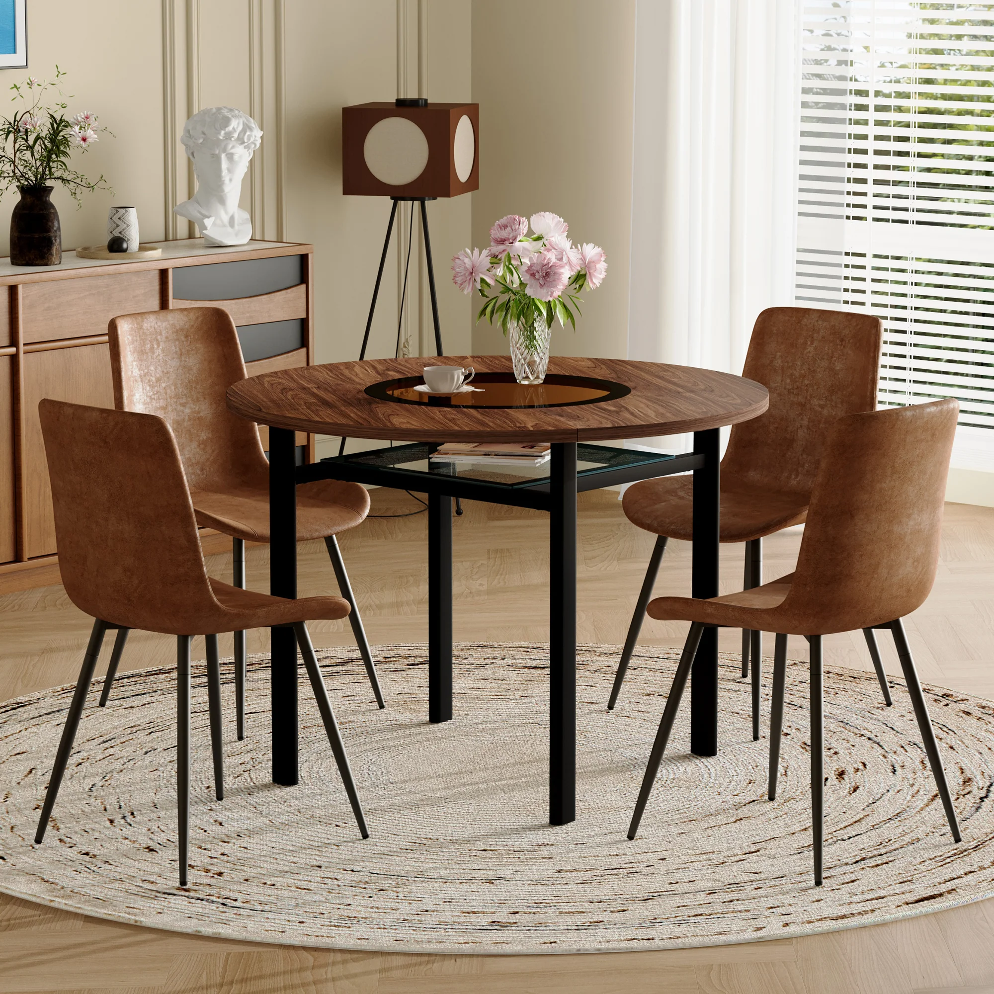 Round Table Set, Modern Minimalist 100cm with Storage, 4 Armchairs, Brown Wood Look/Brown Fabric - Image 2