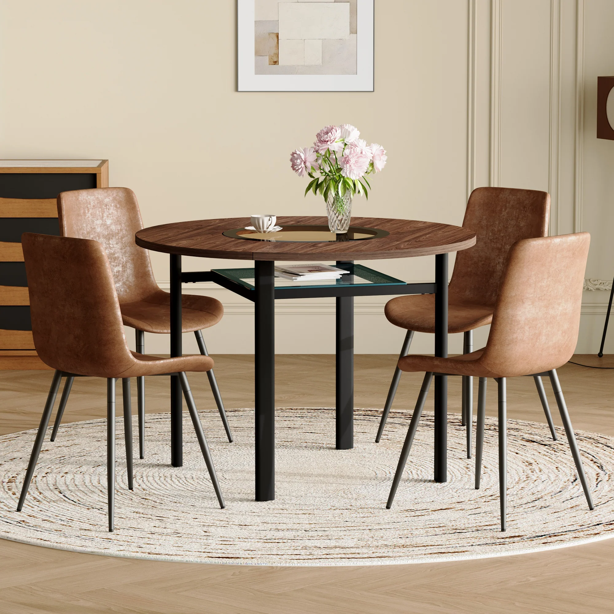 Round Table Set, Modern Minimalist 100cm with Storage, 4 Armchairs, Brown Wood Look/Brown Fabric - Image 3