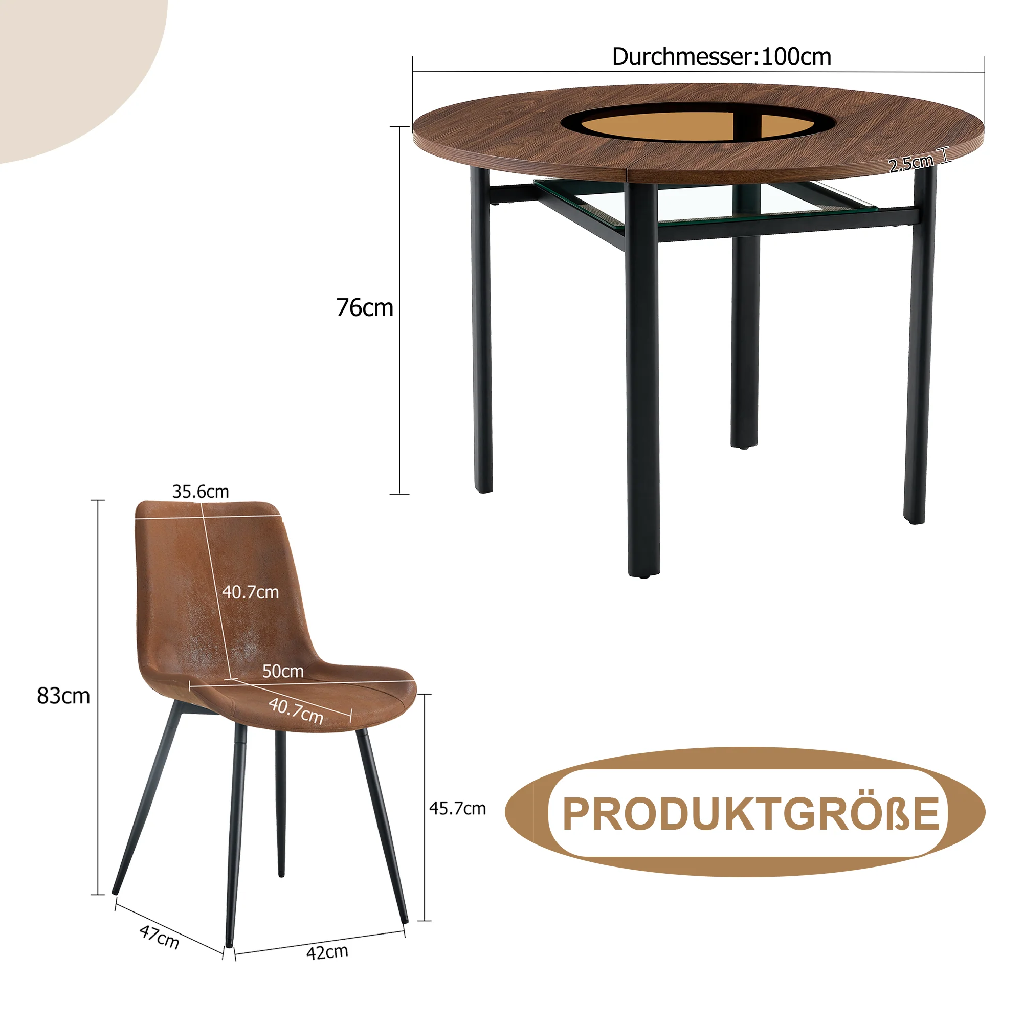 Round Table Set, Modern Minimalist 100cm with Storage, 4 Armchairs, Brown Wood Look/Brown Fabric - Image 4