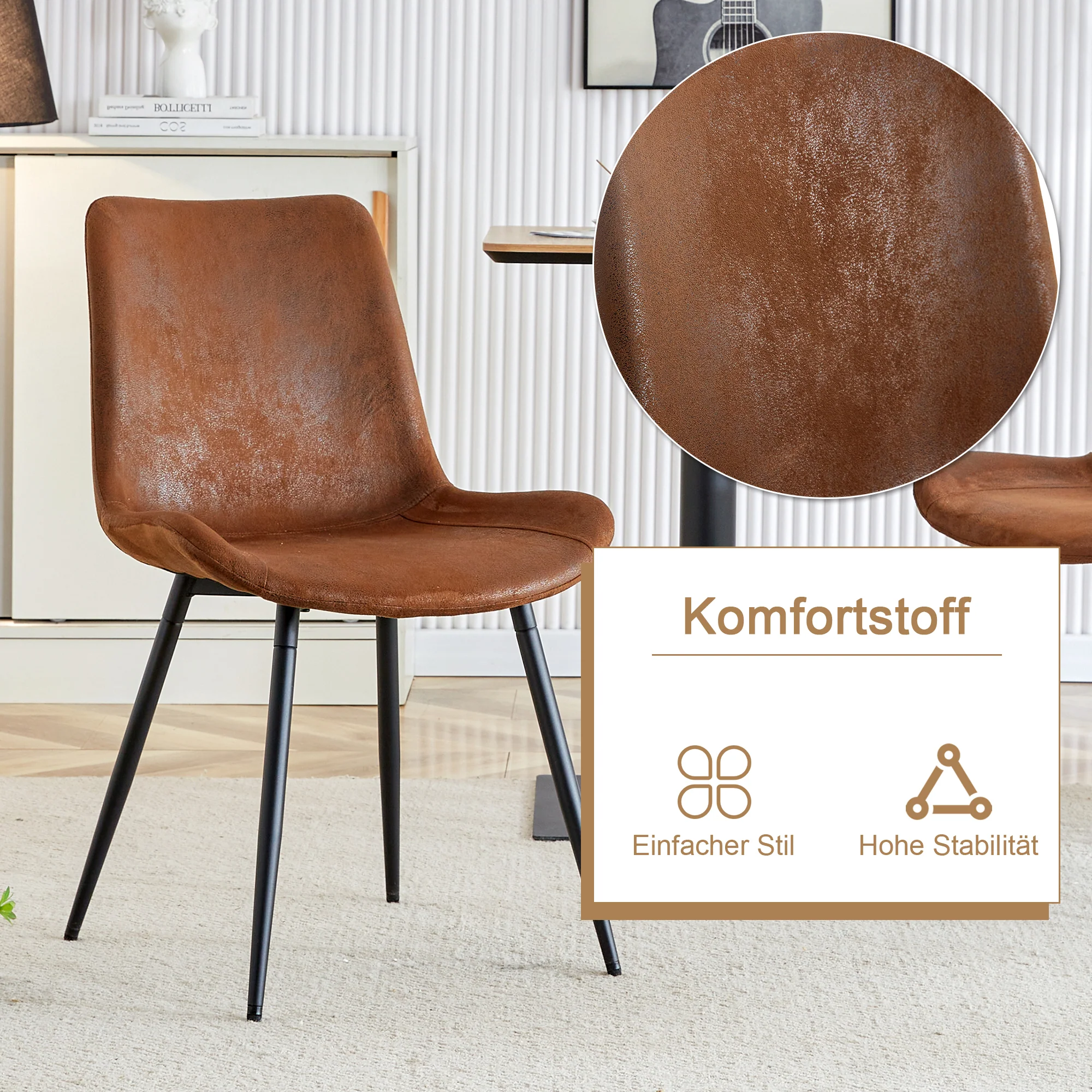 Round Table Set, Modern Minimalist 100cm with Storage, 4 Armchairs, Brown Wood Look/Brown Fabric - Image 9