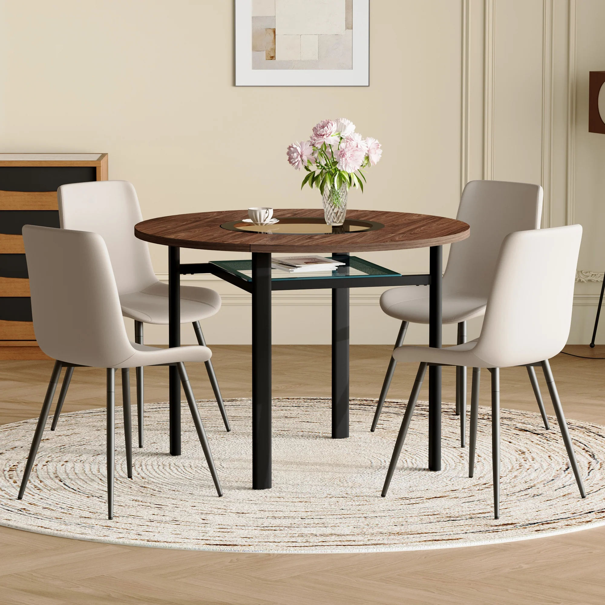 Round Table Set, Modern Minimalist 100cm with Storage and 4 Chairs, Brown Wood Look/Warm Grey PU