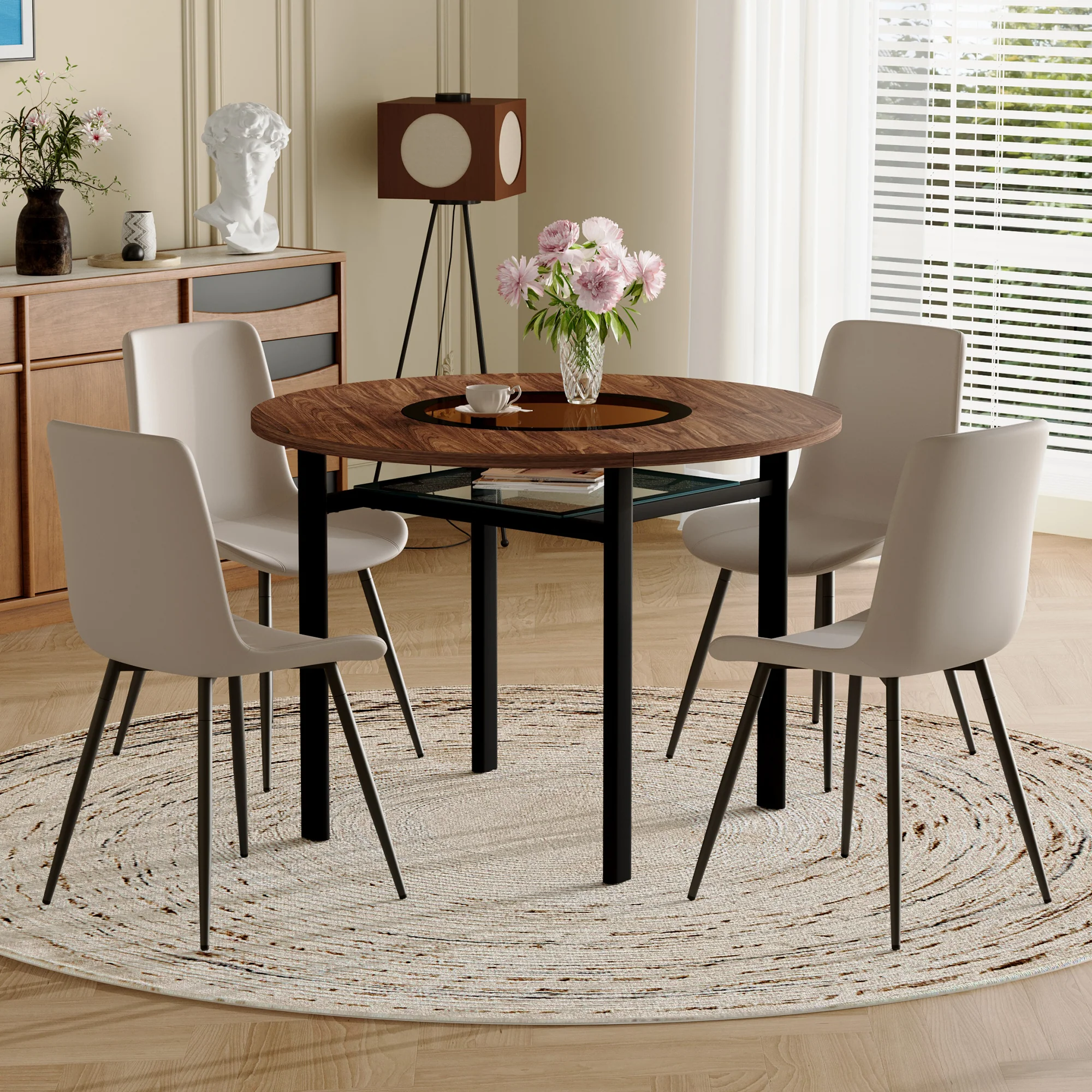 Round Table Set, Modern Minimalist 100cm with Storage and 4 Chairs, Brown Wood Look/Warm Grey PU - Image 2