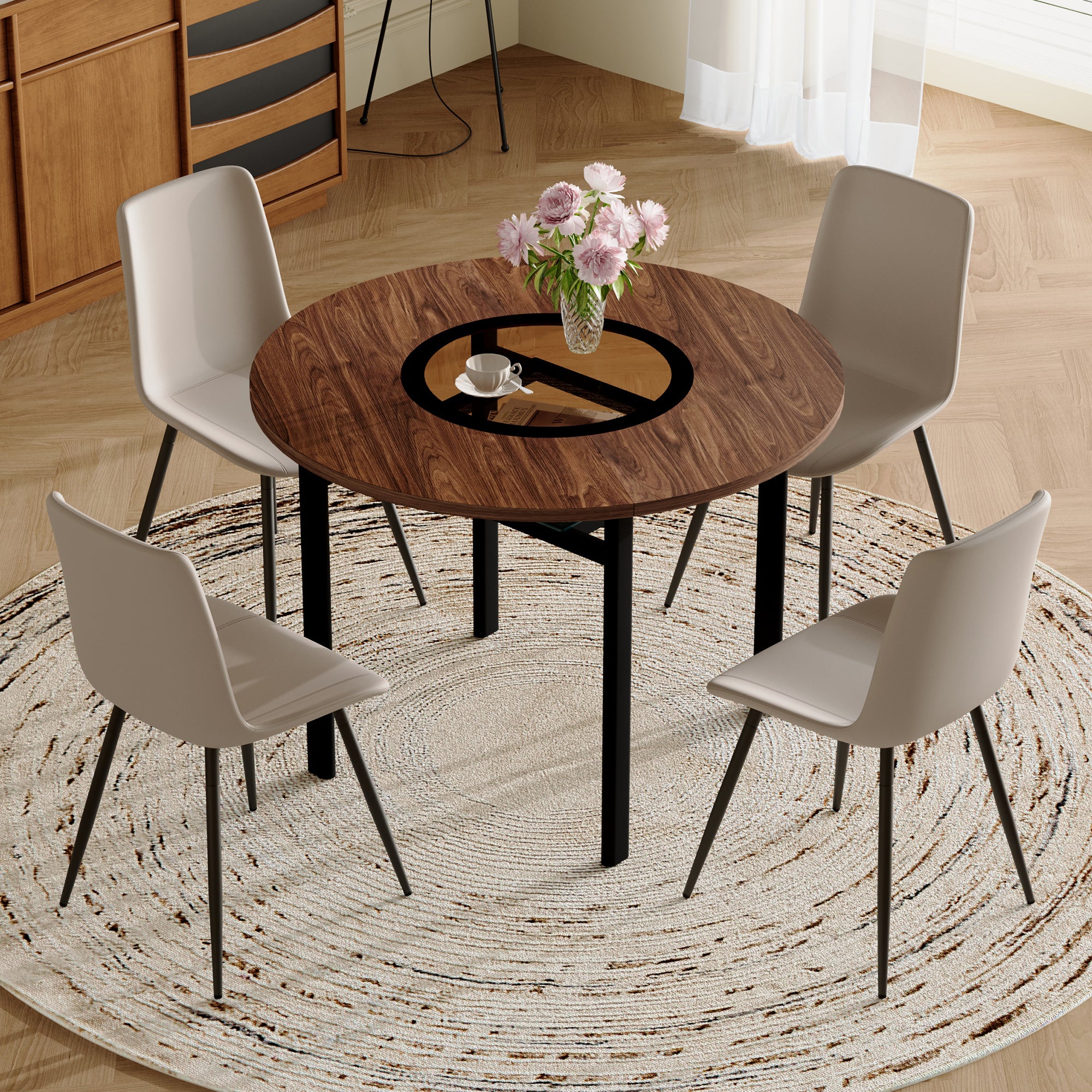 Round Table Set, Modern Minimalist 100cm with Storage and 4 Chairs, Brown Wood Look/Warm Grey PU - Image 3