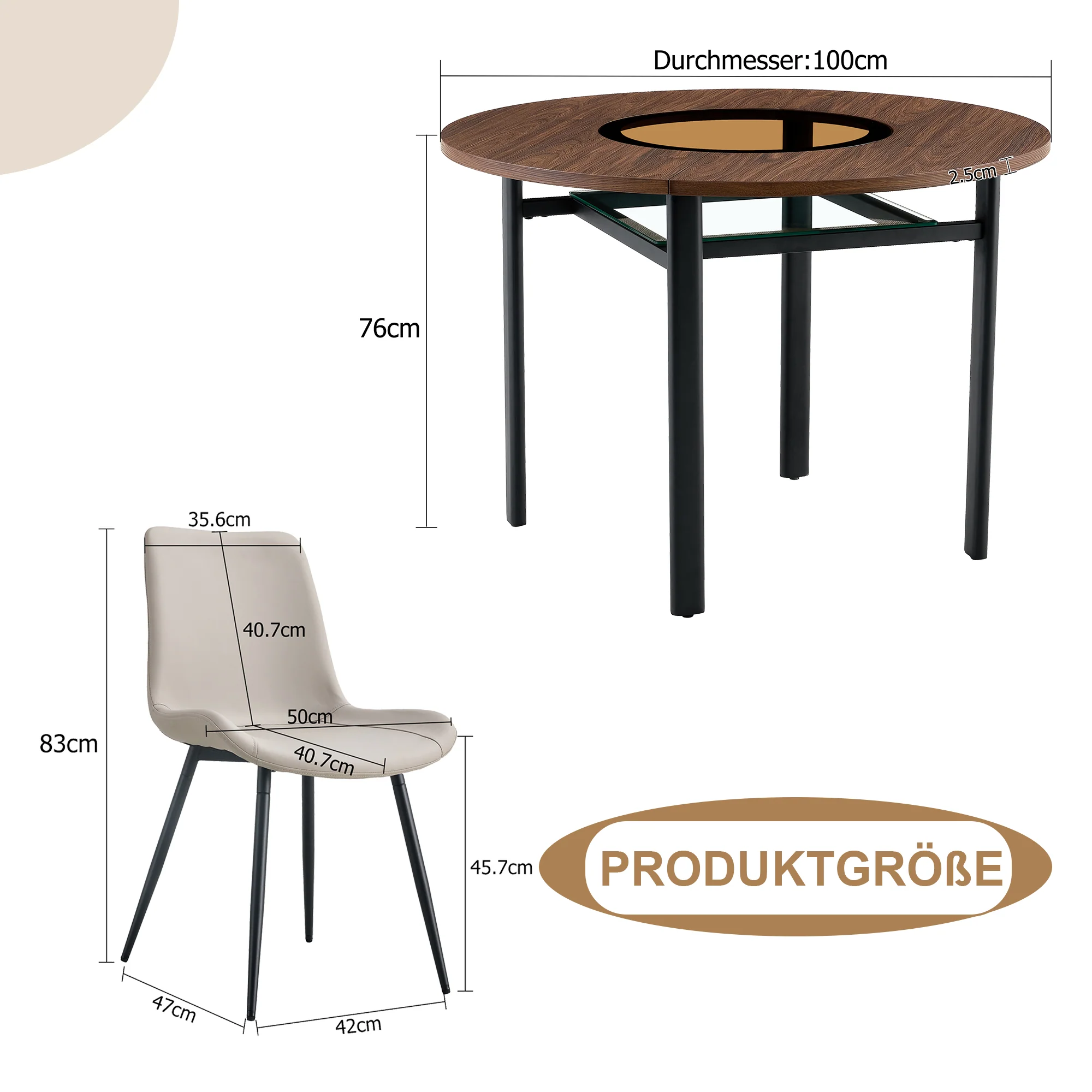 Round Table Set, Modern Minimalist 100cm with Storage and 4 Chairs, Brown Wood Look/Warm Grey PU - Image 4