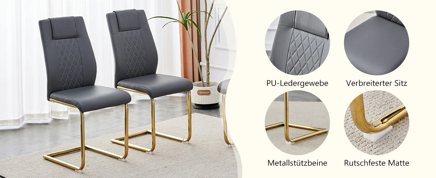 Scandinavian Dining Chairs Set of 4 Mesh Back Gold Legs - Dark Grey PU Leather - Image 10