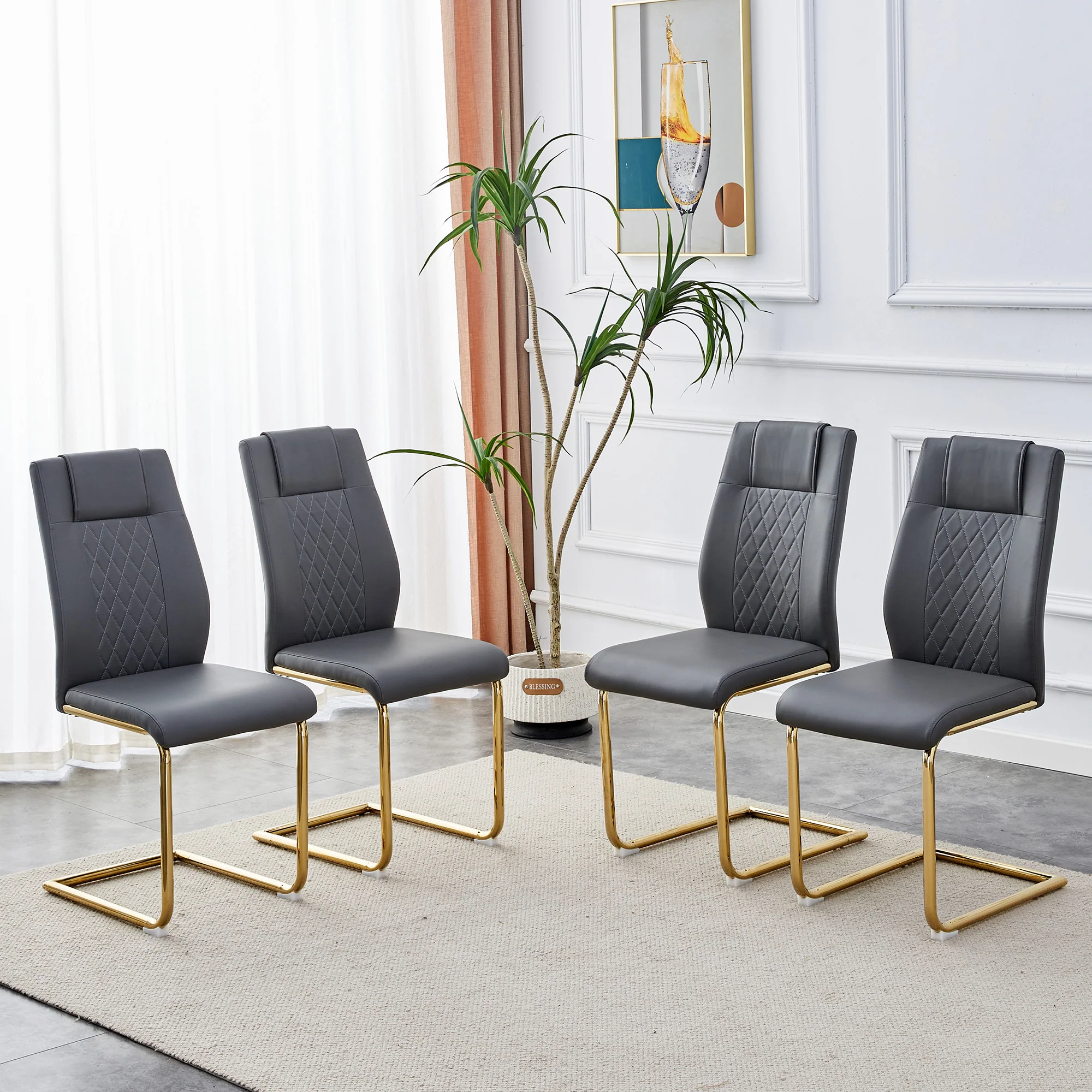 Scandinavian Dining Chairs Set of 4 Mesh Back Gold Legs - Dark Grey PU Leather - Image 2