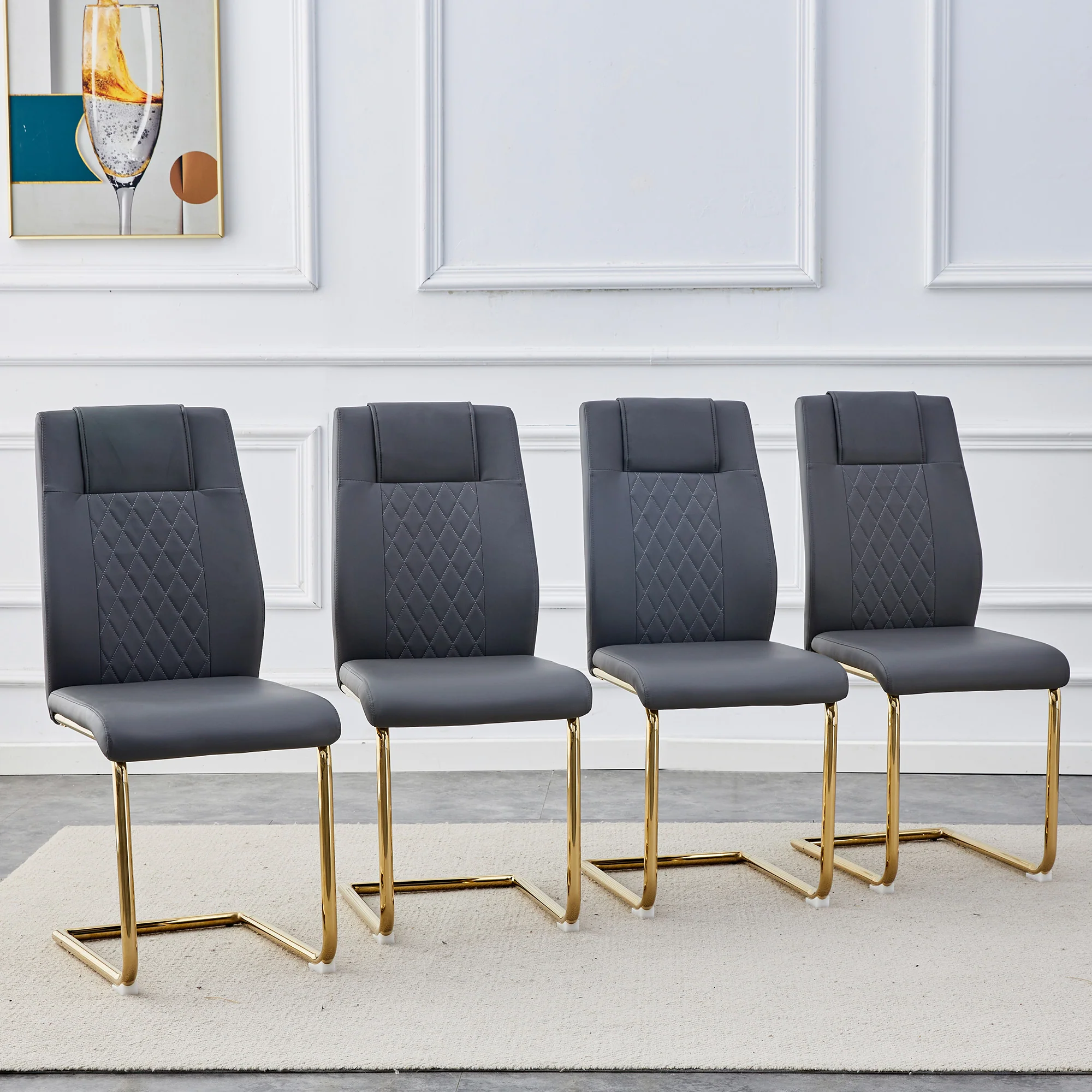 Scandinavian Dining Chairs Set of 4 Mesh Back Gold Legs - Dark Grey PU Leather - Image 3
