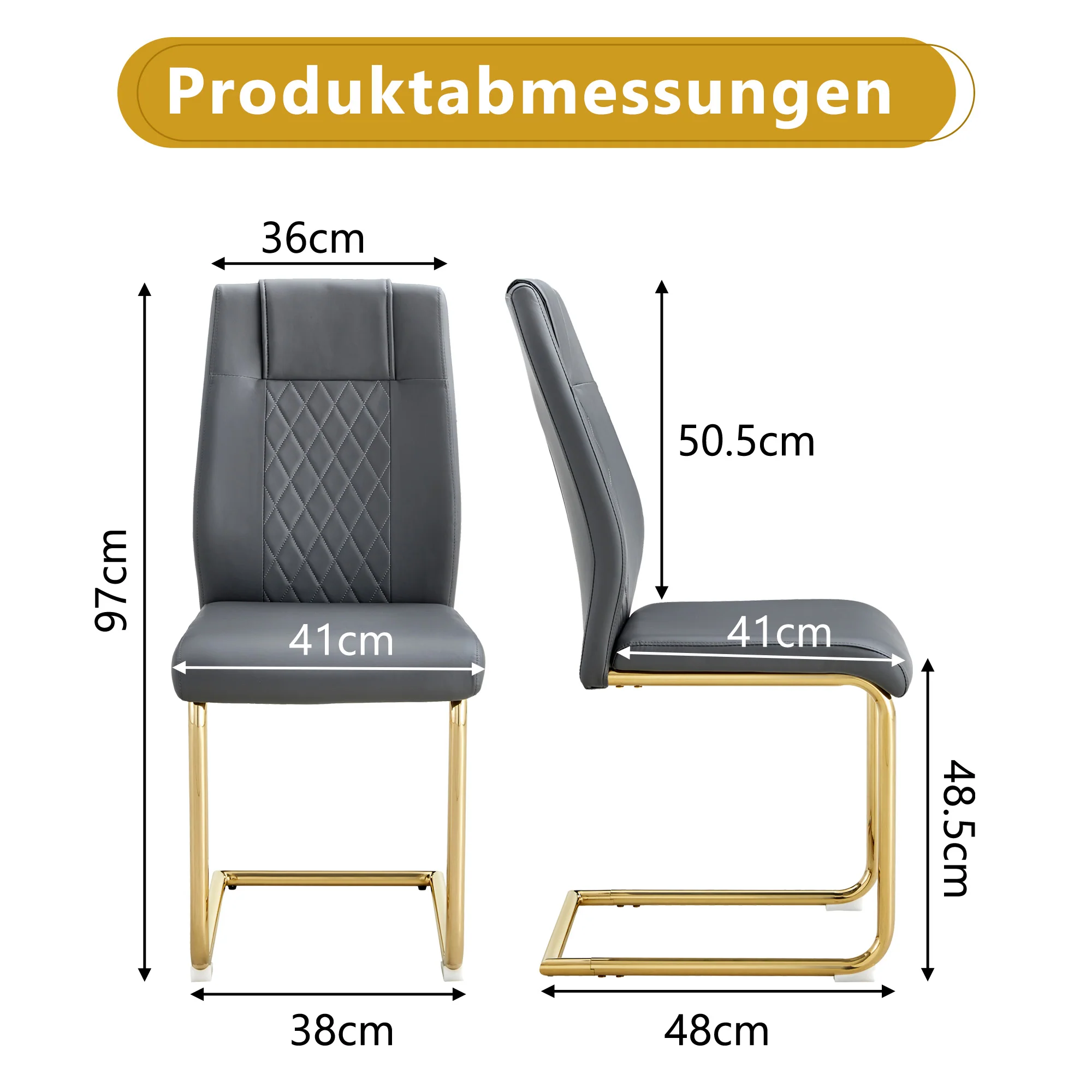 Scandinavian Dining Chairs Set of 4 Mesh Back Gold Legs - Dark Grey PU Leather - Image 4