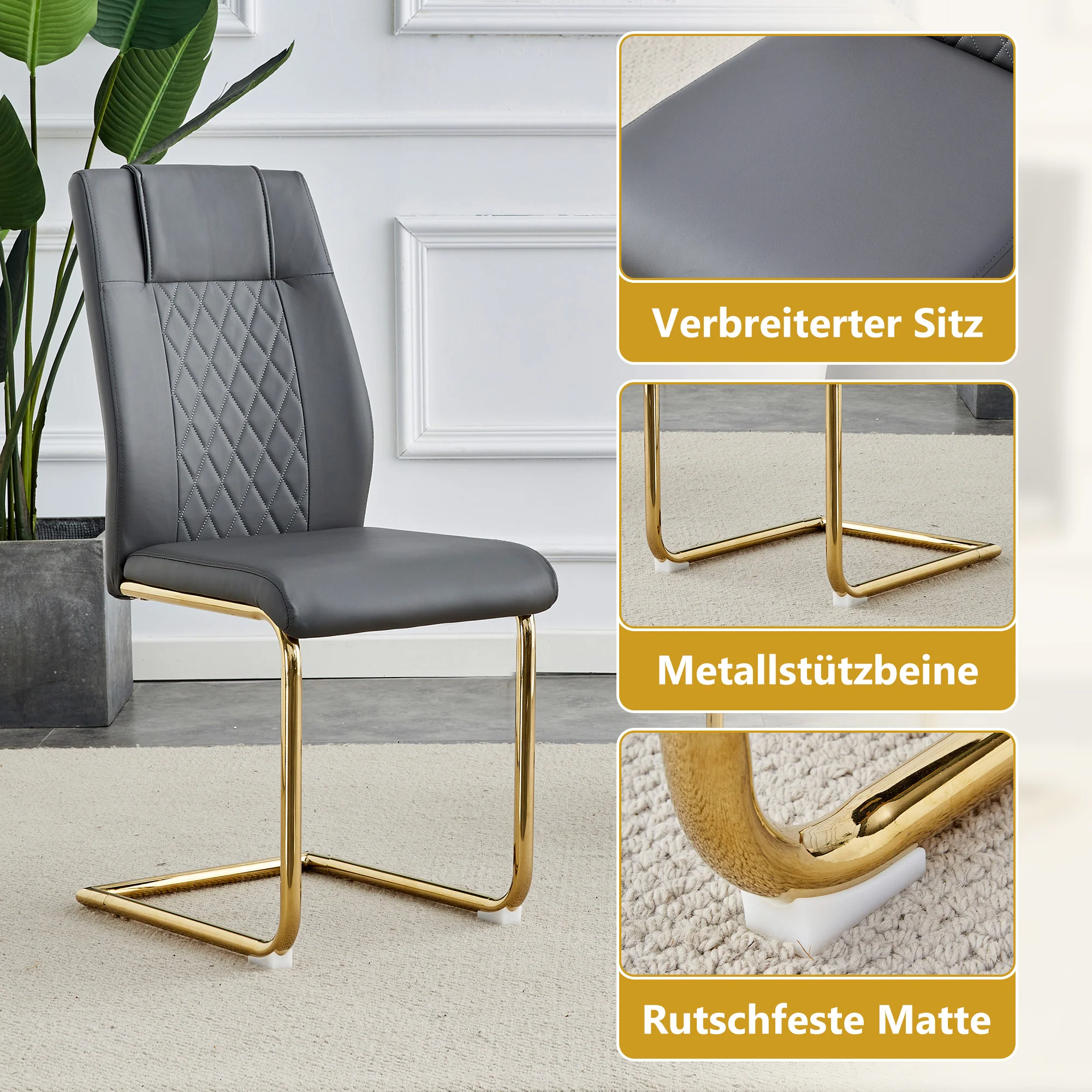 Scandinavian Dining Chairs Set of 4 Mesh Back Gold Legs - Dark Grey PU Leather - Image 5