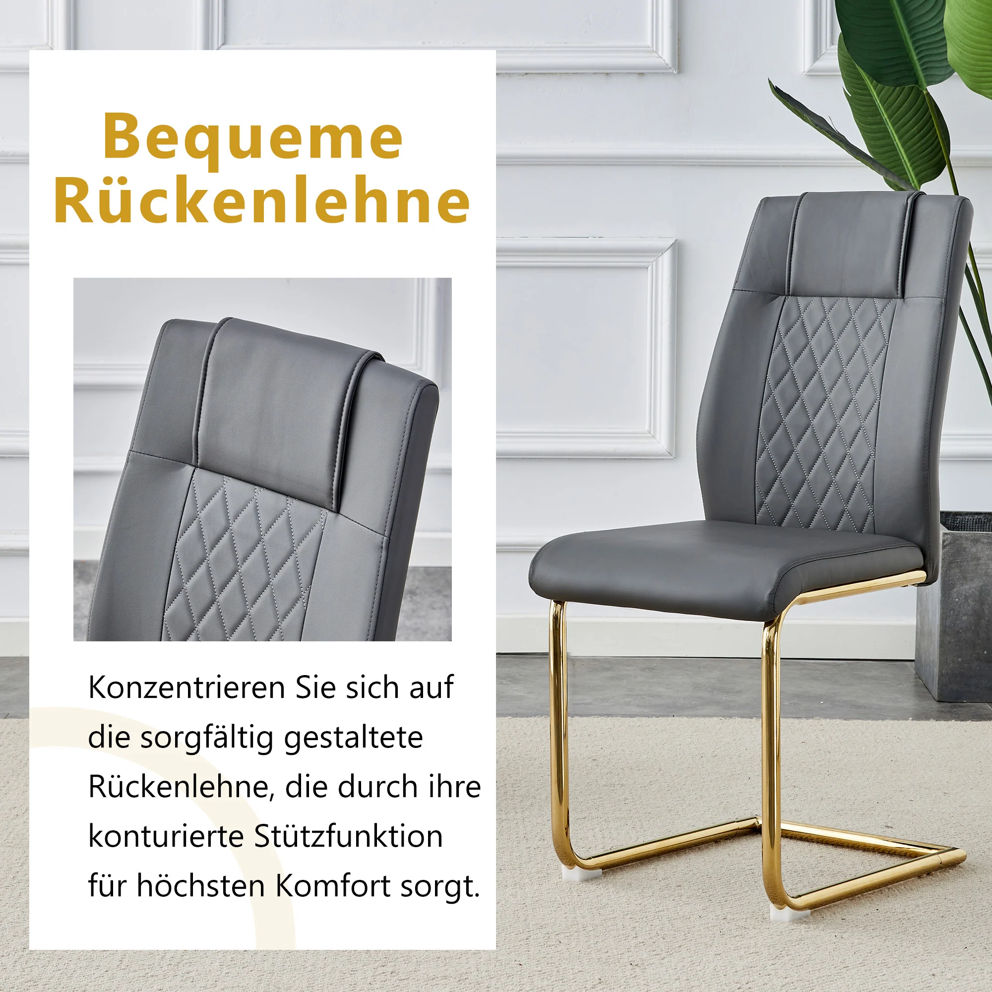 Scandinavian Dining Chairs Set of 4 Mesh Back Gold Legs - Dark Grey PU Leather - Image 7