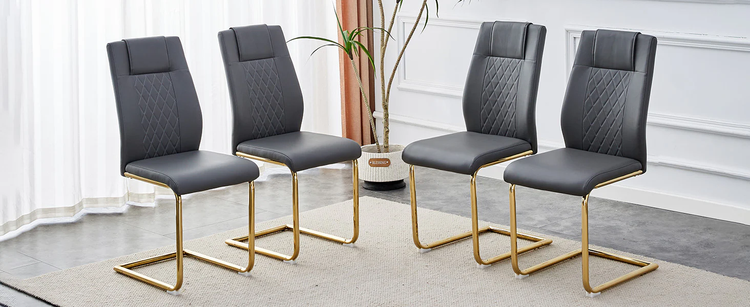Scandinavian Dining Chairs Set of 4 Mesh Back Gold Legs - Dark Grey PU Leather - Image 9