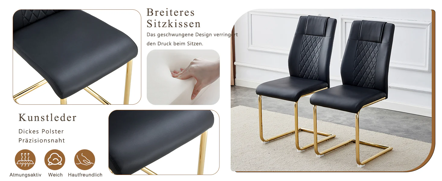 Scandinavian Dining Chairs Set of 4 Mesh Back Gold Metal Legs - Black PU Leather - Image 10