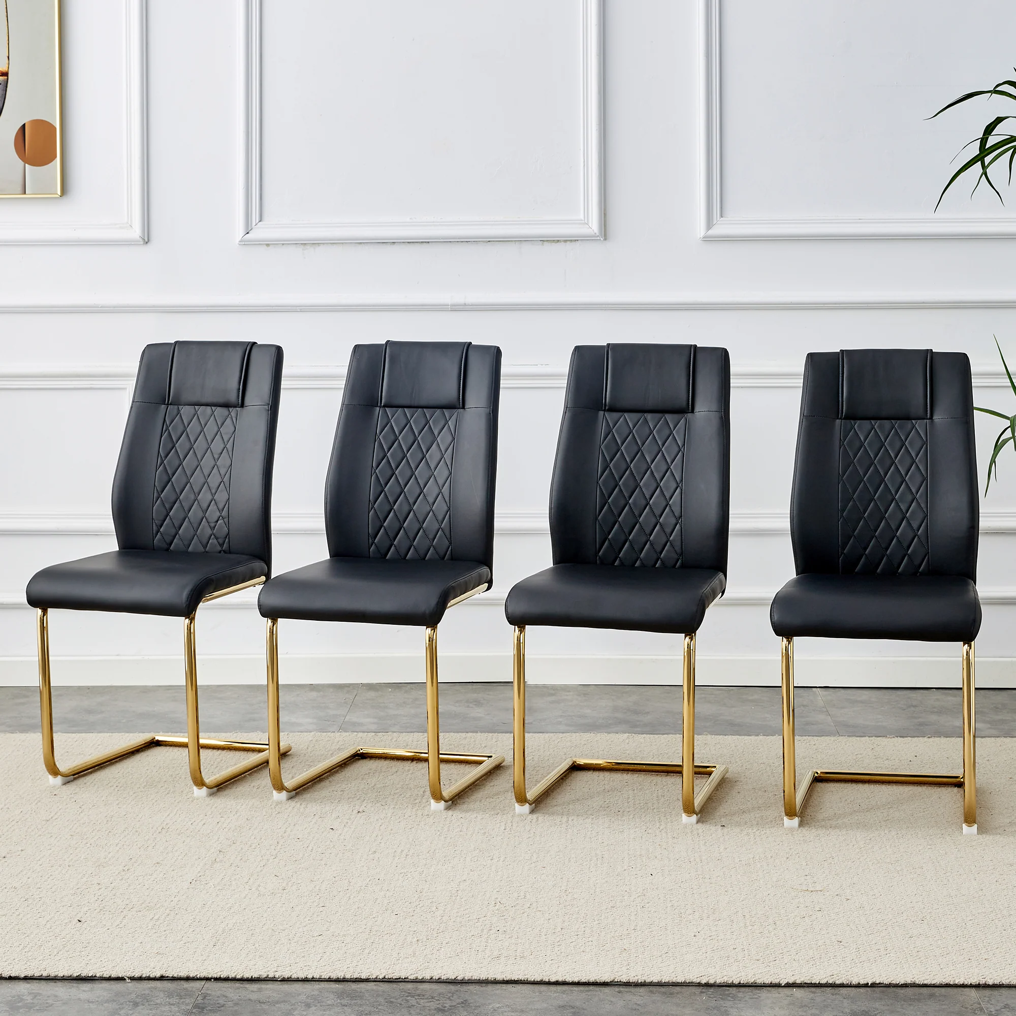 Scandinavian Dining Chairs Set of 4 Mesh Back Gold Metal Legs - Black PU Leather - Image 3