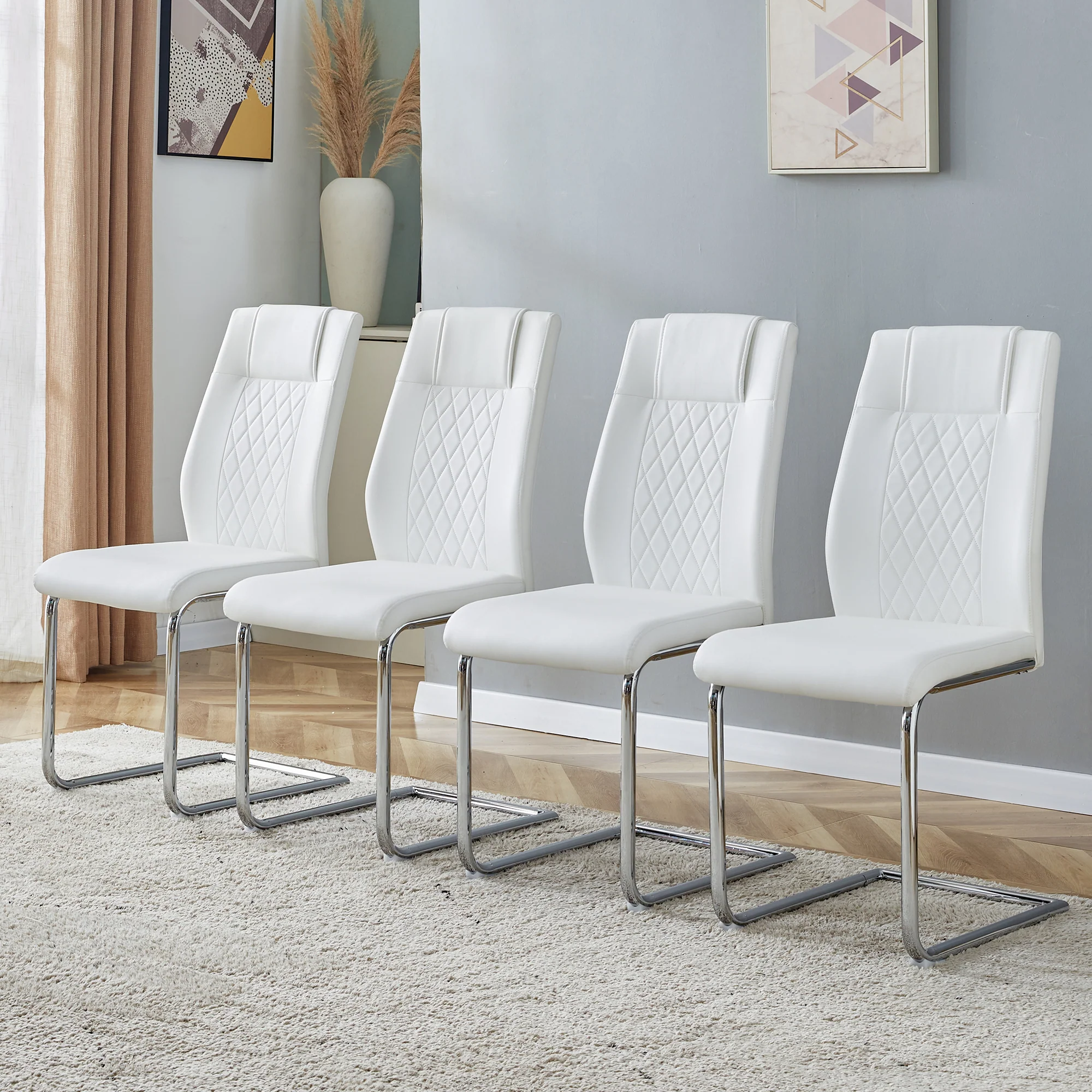 Scandinavian Dining Chairs Set of 4 Mesh Back Metal Legs - White PU - Image 2