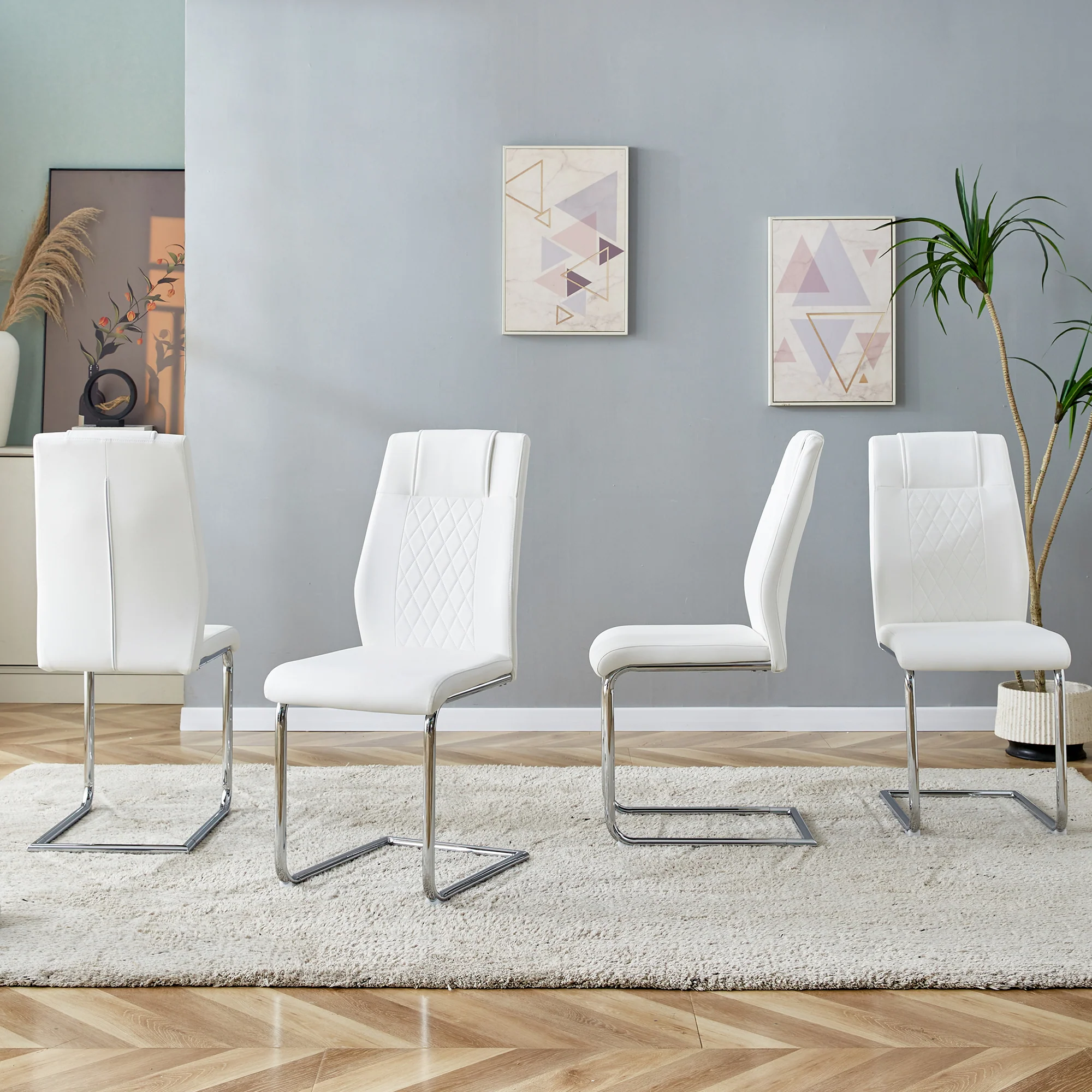 Scandinavian Dining Chairs Set of 4 Mesh Back Metal Legs - White PU - Image 3