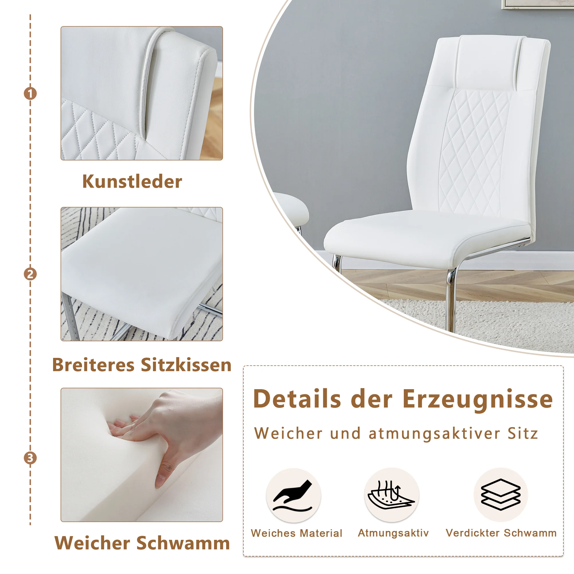Scandinavian Dining Chairs Set of 4 Mesh Back Metal Legs - White PU - Image 5