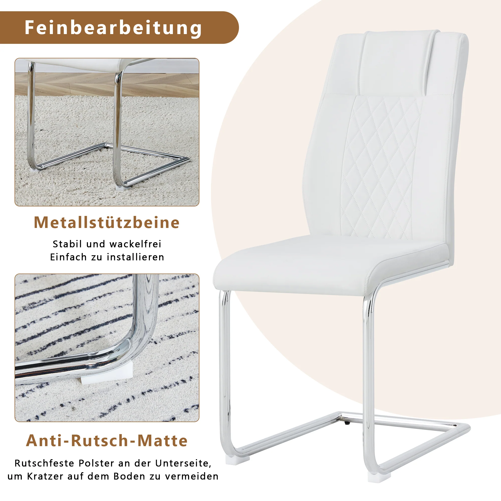 Scandinavian Dining Chairs Set of 4 Mesh Back Metal Legs - White PU - Image 6