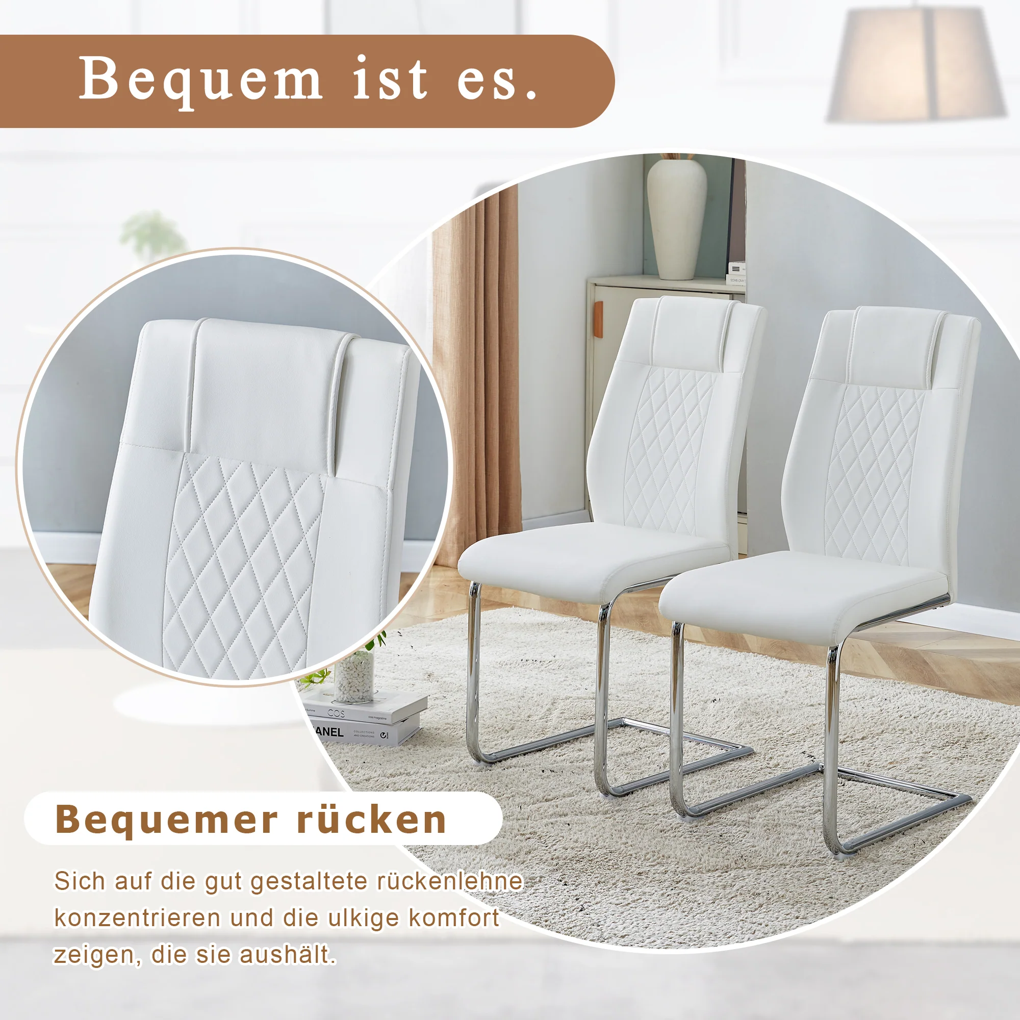 Scandinavian Dining Chairs Set of 4 Mesh Back Metal Legs - White PU - Image 7